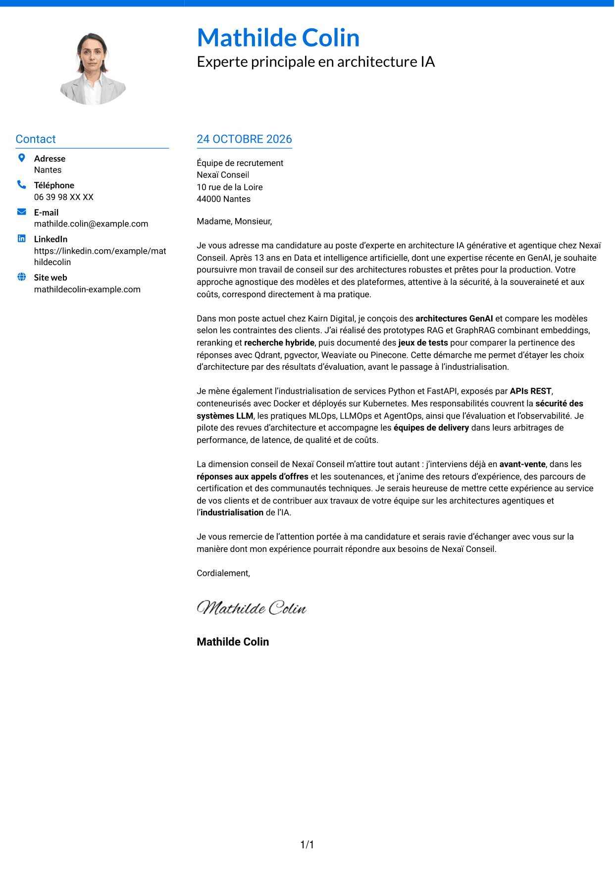 Lettre de motivation Audacieux (format à deux colonnes avec accents colorés et photo) : Expert IA - Architecture IA générative et agentique, page 1