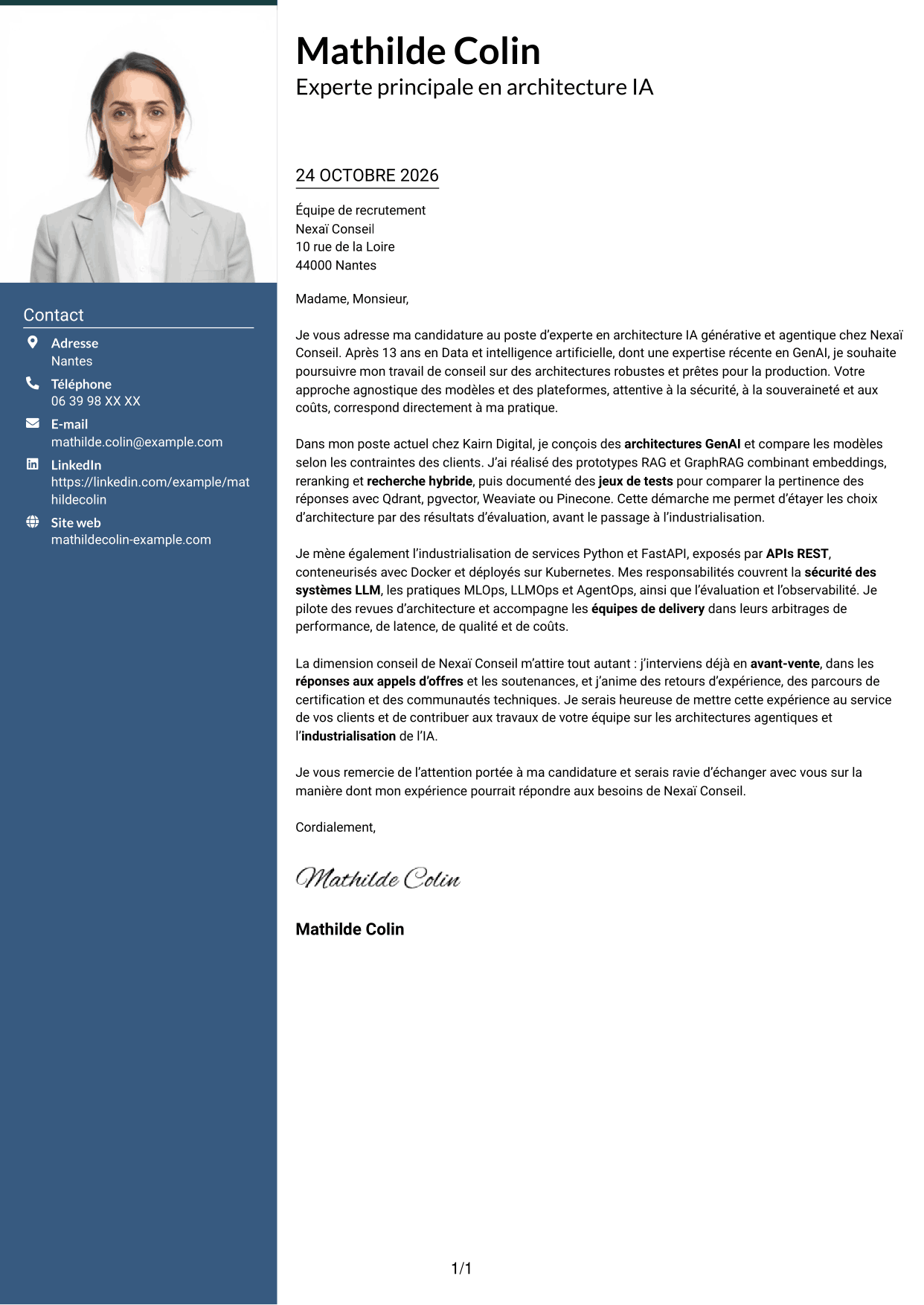 Lettre de motivation Signature (format à colonne latérale colorée avec grande photo) : Expert IA - Architecture IA générative et agentique, page 1