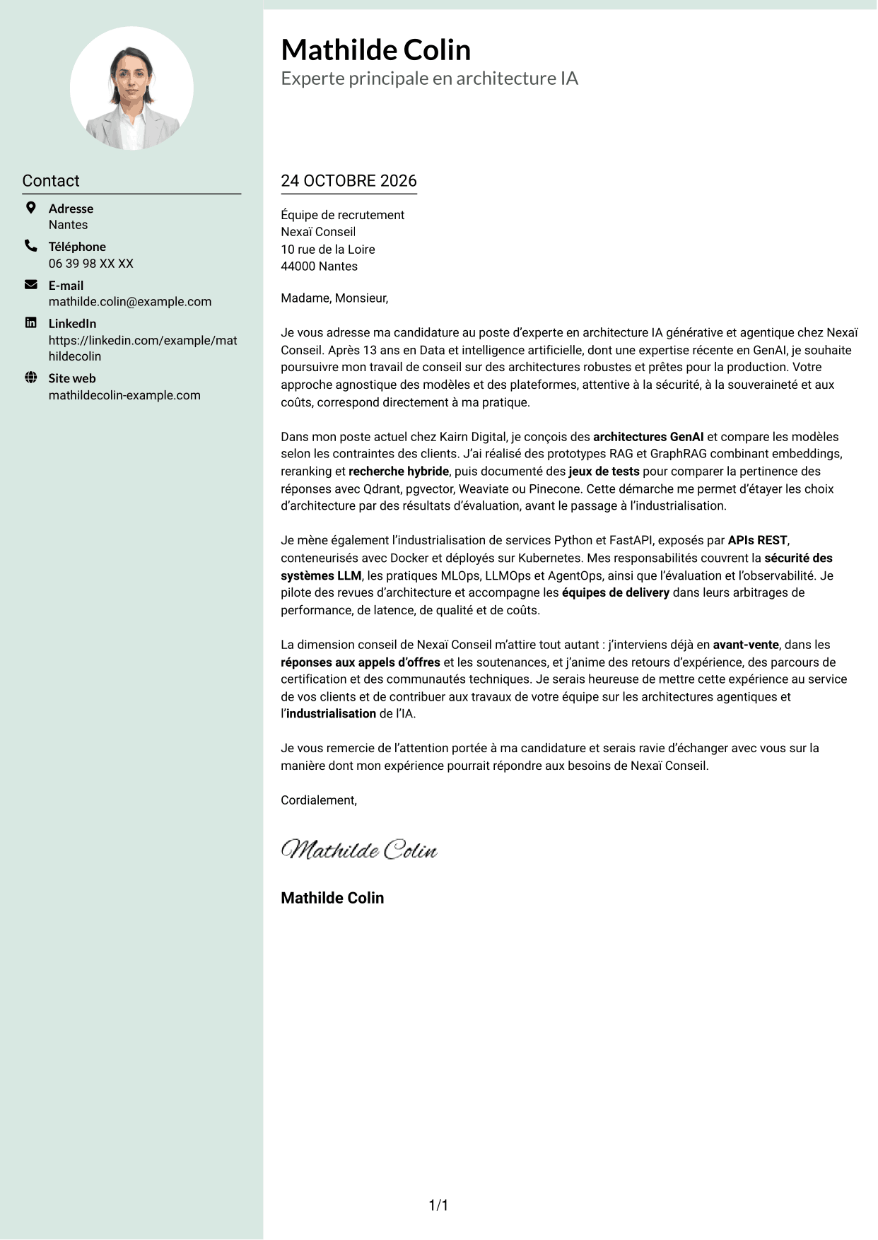 Lettre de motivation Cadre (format à colonne latérale douce avec photo arrondie) : Expert IA - Architecture IA générative et agentique, page 1
