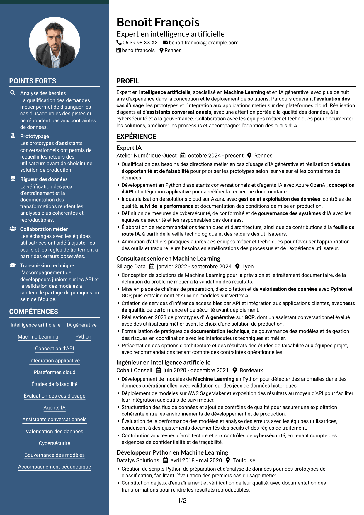 CV Élégant (format à colonne latérale colorée avec photo) : Expert IA - IA générative et Machine Learning, page 1