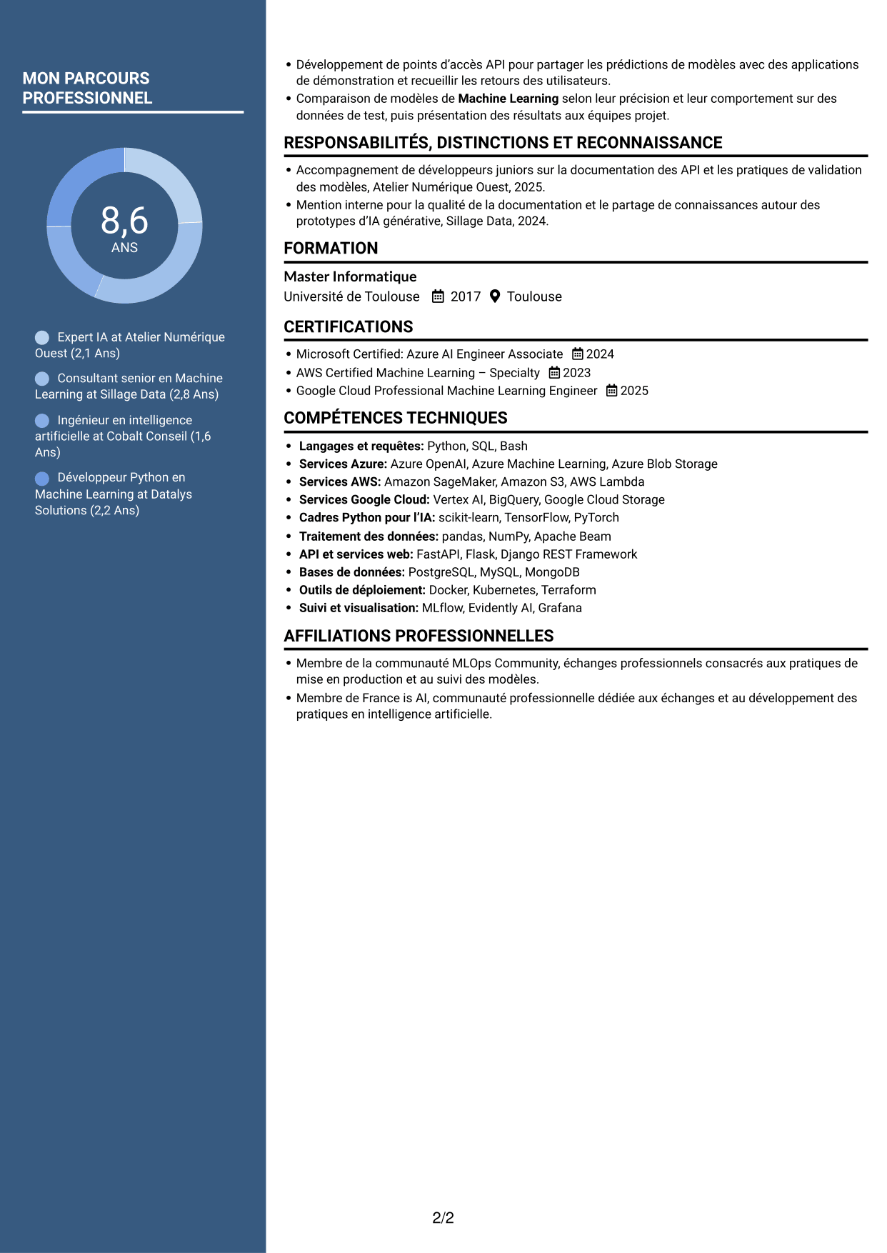 CV Élégant (format à colonne latérale colorée avec photo) : Expert IA - IA générative et Machine Learning, page 2