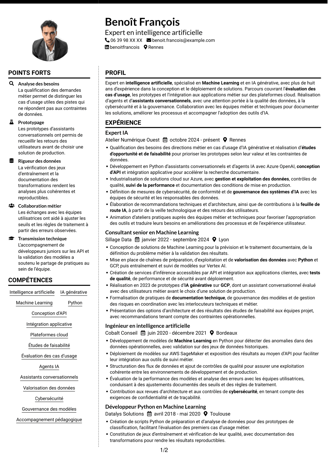 CV Moderne (format à deux colonnes avec photo à gauche et séparateur) : Expert IA - IA générative et Machine Learning, page 1