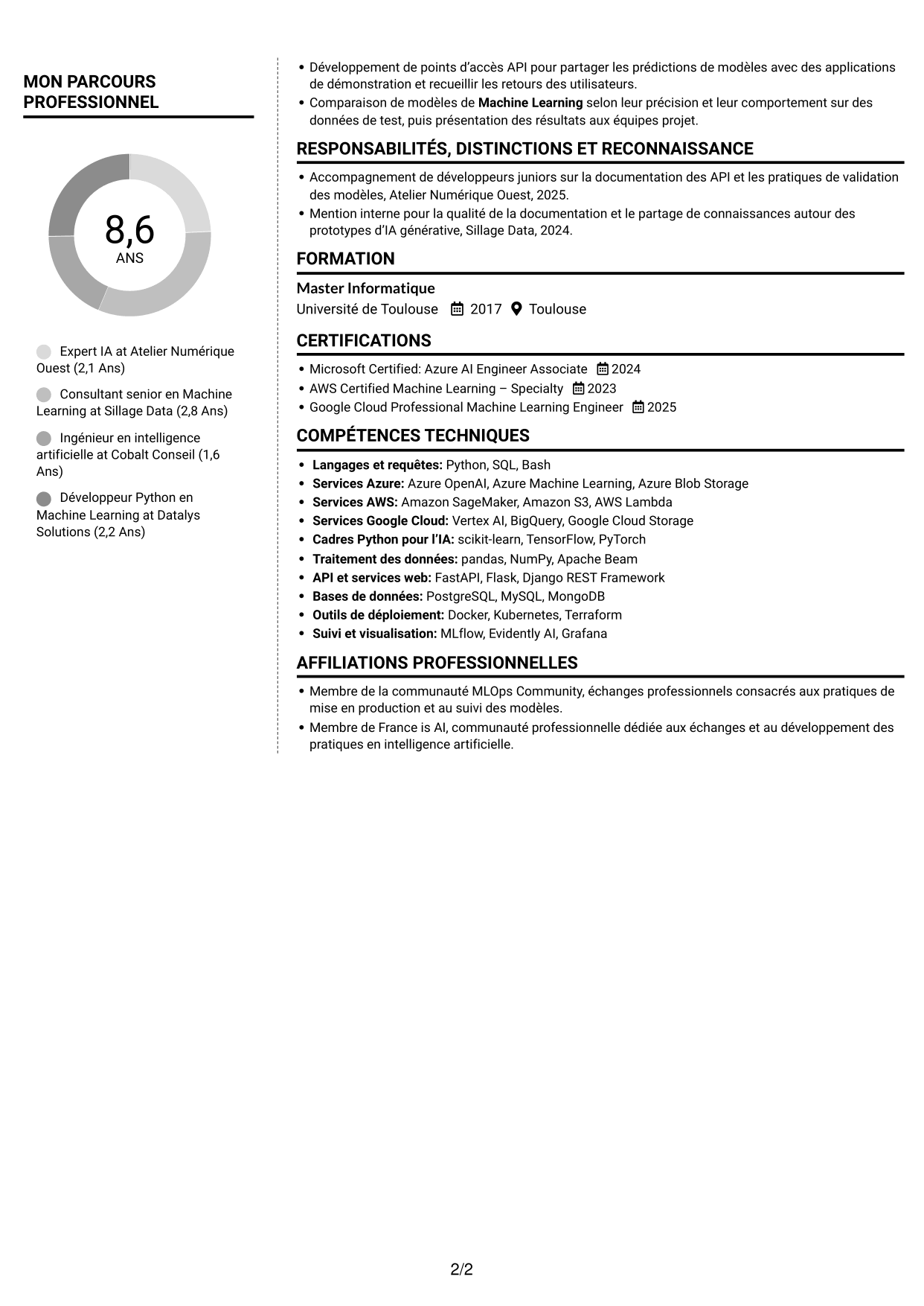 CV Moderne (format à deux colonnes avec photo à gauche et séparateur) : Expert IA - IA générative et Machine Learning, page 2