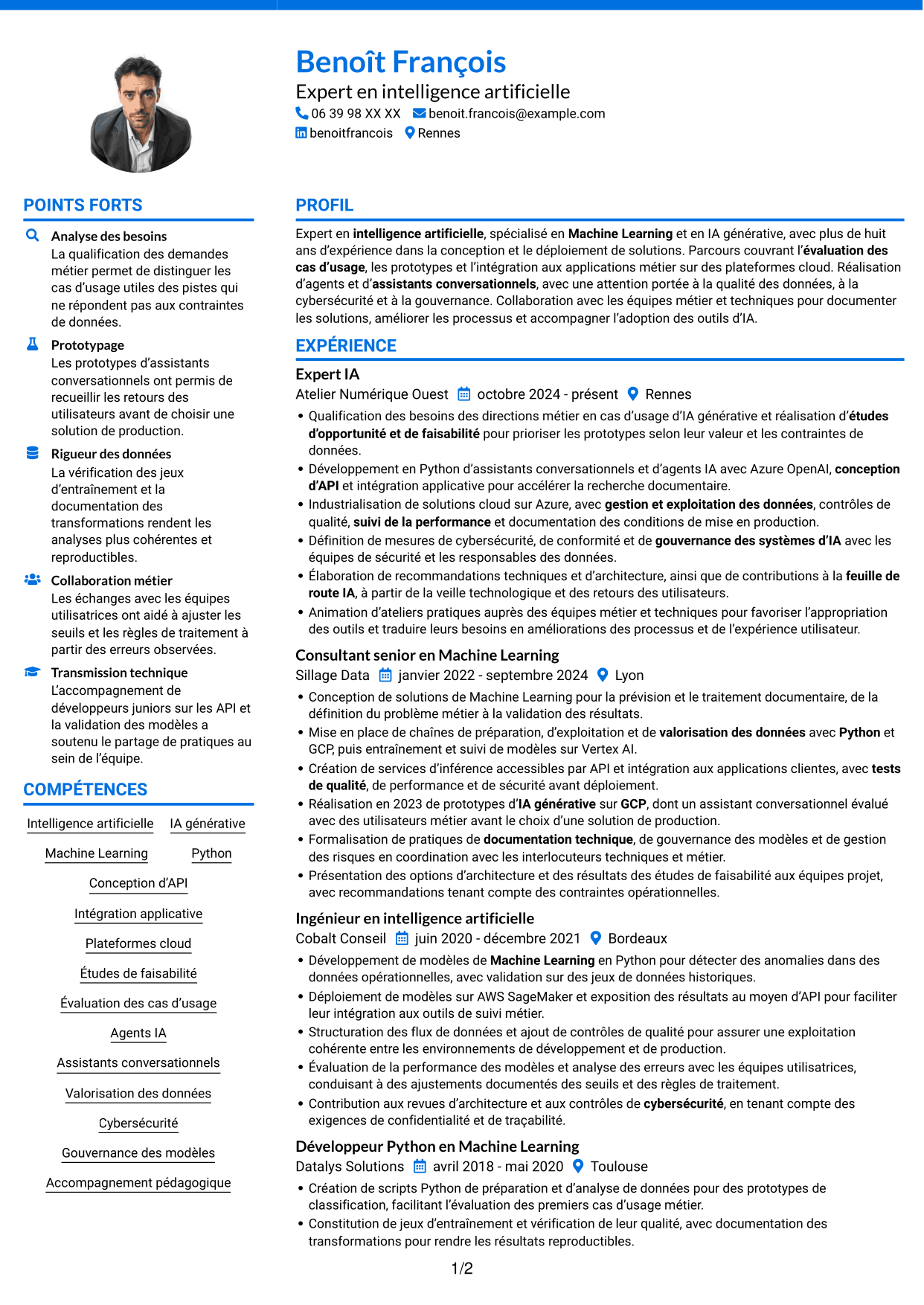 CV Audacieux (format à deux colonnes avec accents colorés et photo) : Expert IA - IA générative et Machine Learning, page 1