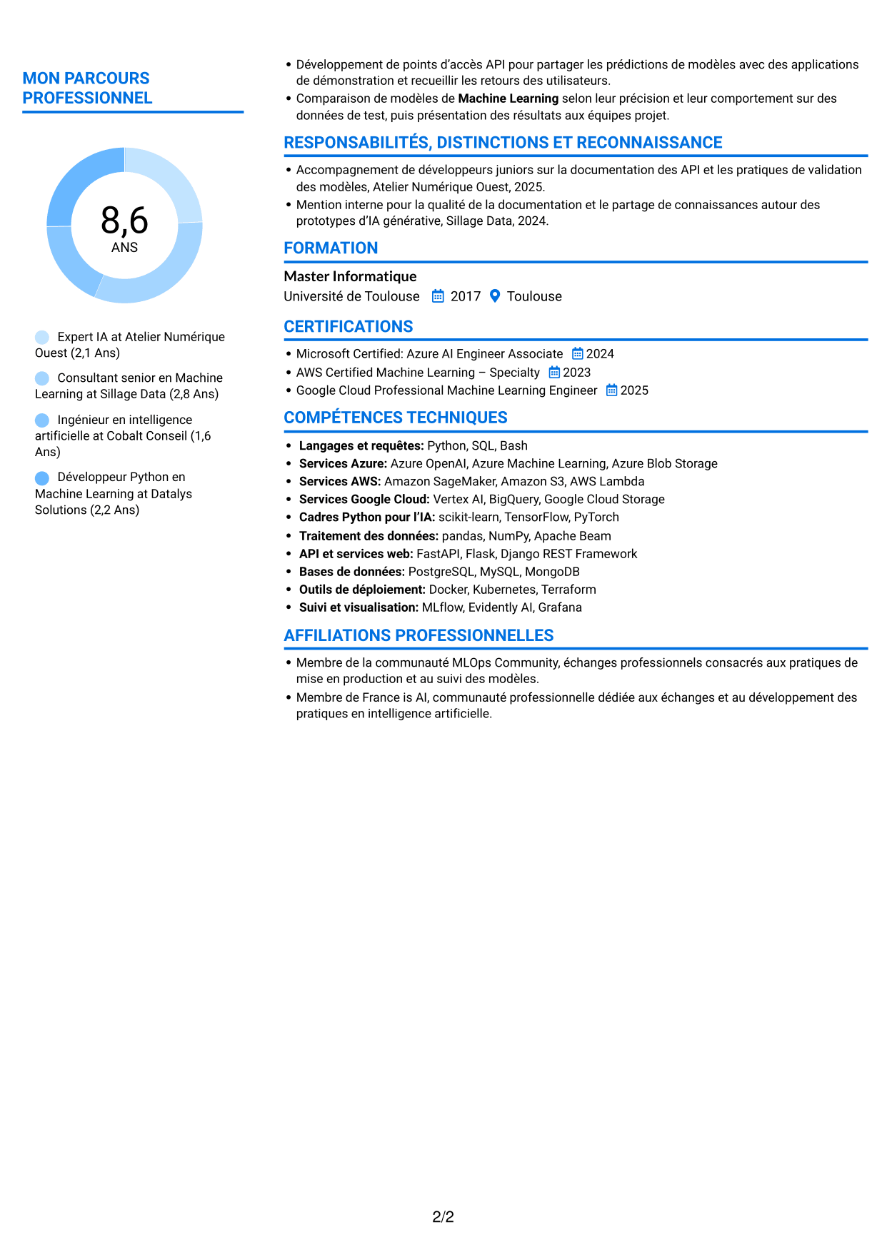 CV Audacieux (format à deux colonnes avec accents colorés et photo) : Expert IA - IA générative et Machine Learning, page 2