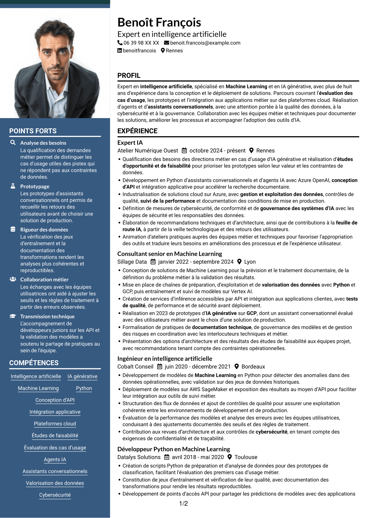 CV Signature (format à colonne latérale colorée avec grande photo) : Expert IA - IA générative et Machine Learning, page 1