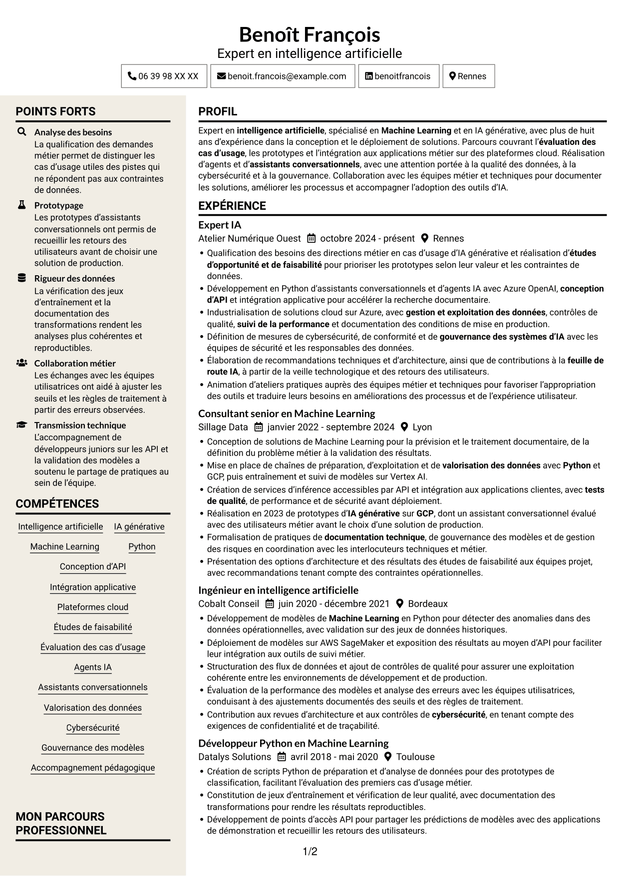 CV Fonceur (format à deux colonnes avec en-tête centré sans photo) : Expert IA - IA générative et Machine Learning, page 1
