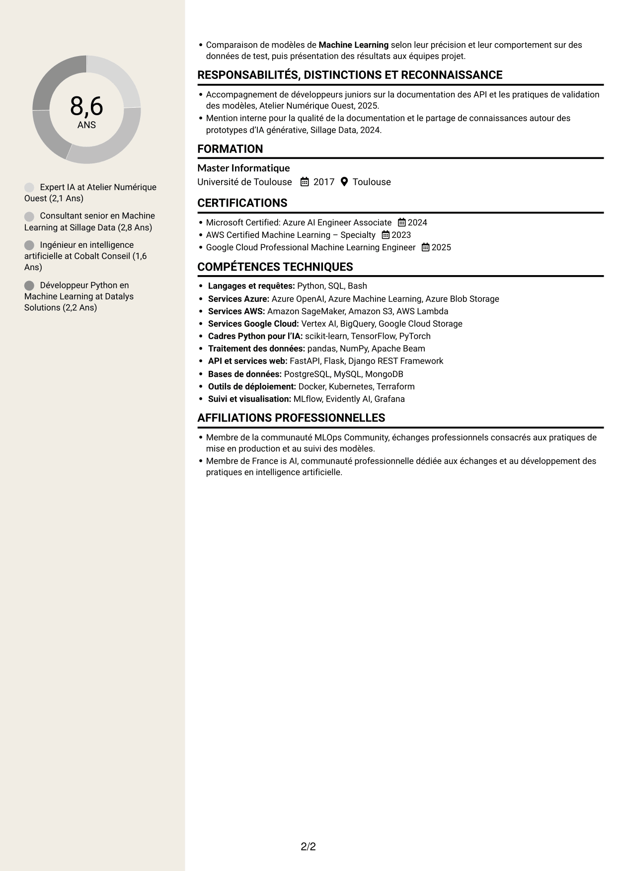 CV Fonceur (format à deux colonnes avec en-tête centré sans photo) : Expert IA - IA générative et Machine Learning, page 2