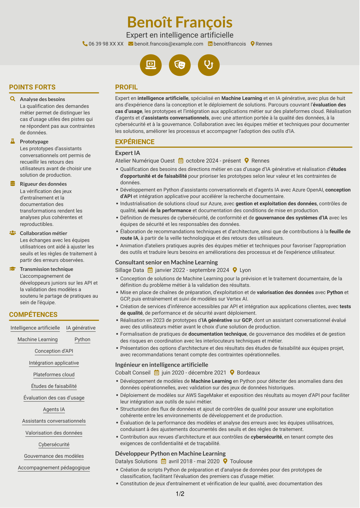 CV Dynamique (format à deux colonnes avec icônes) : Expert IA - IA générative et Machine Learning, page 1