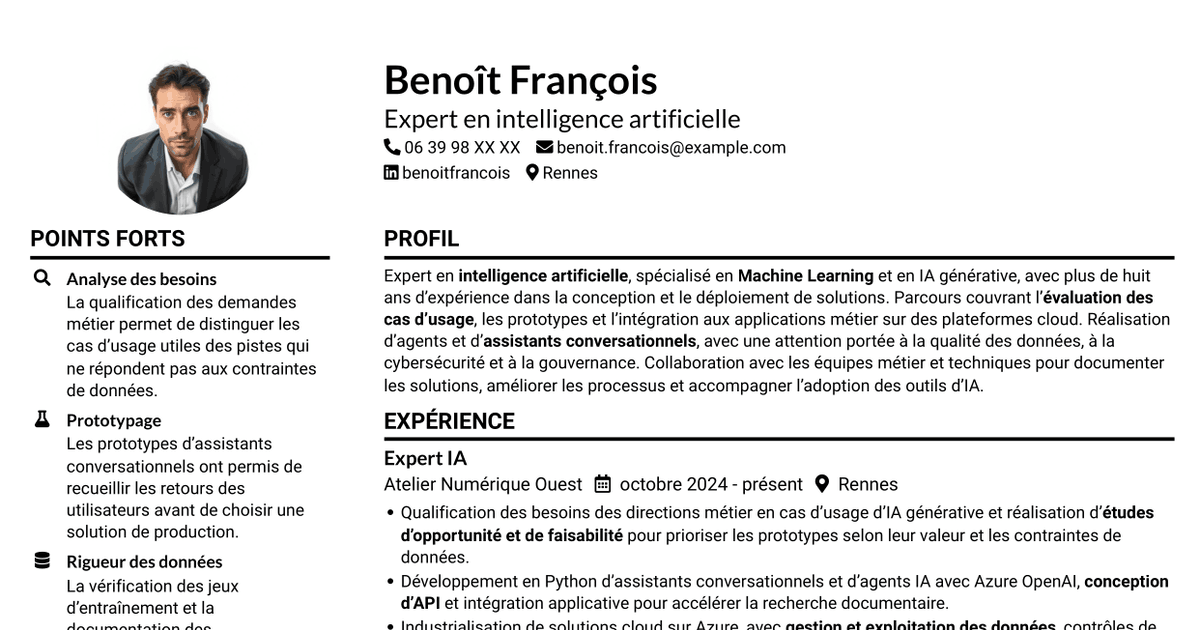 7 modèles de CV pour Expert IA - IA générative et Machine Learning, avec exemples