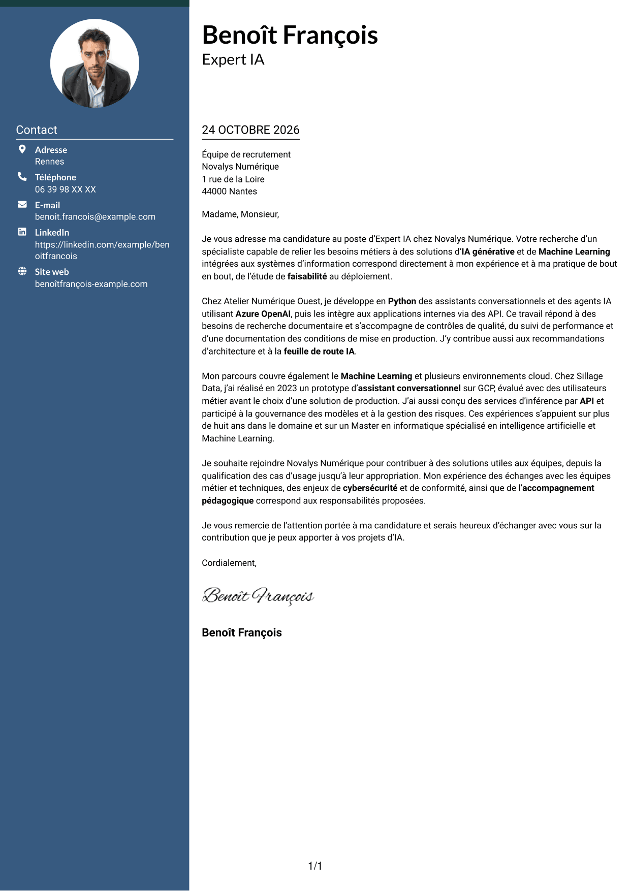 Lettre de motivation Élégant (format à colonne latérale colorée avec photo) : Expert IA - IA générative et Machine Learning, page 1