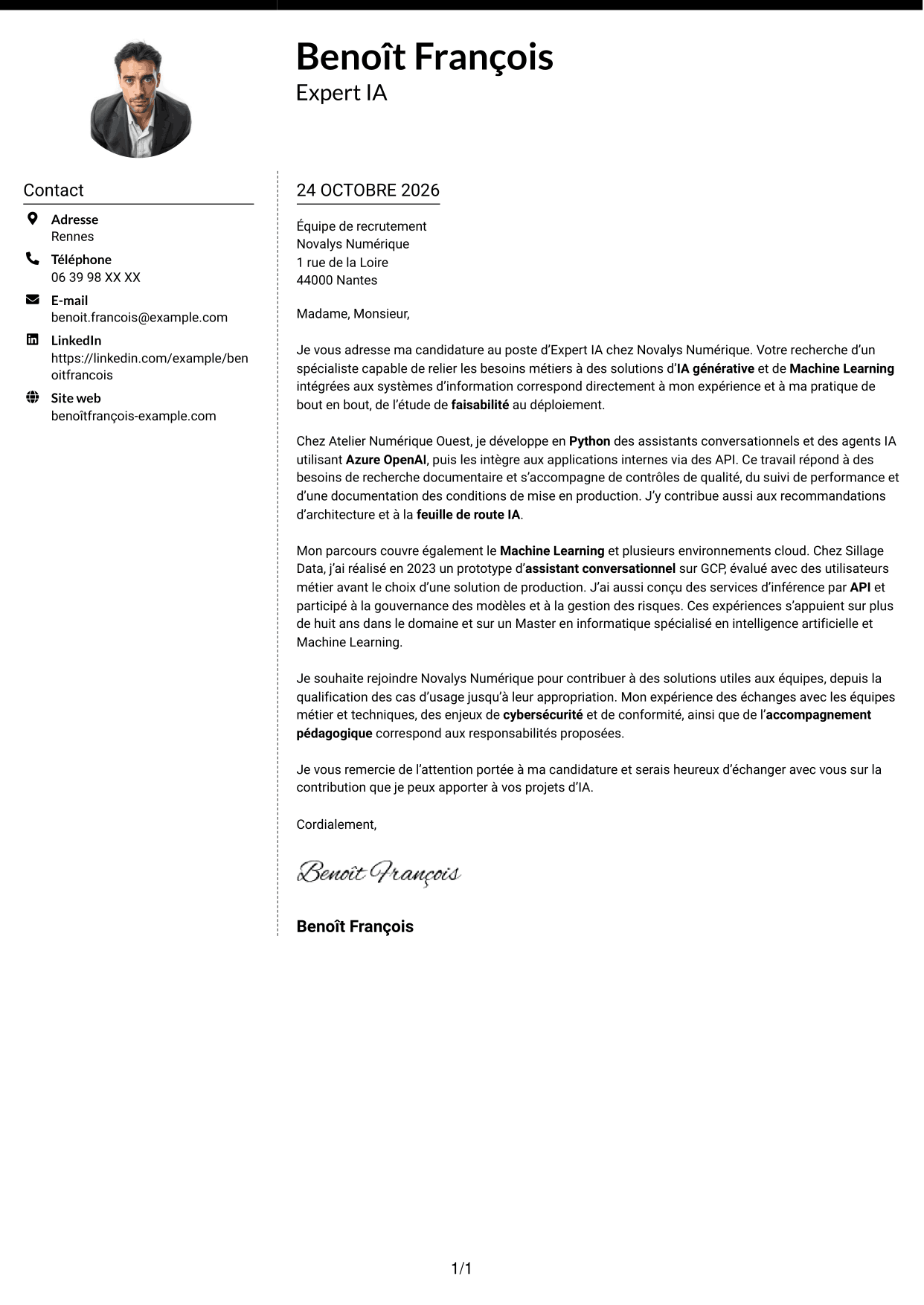 Lettre de motivation Moderne (format à deux colonnes avec photo à gauche et séparateur) : Expert IA - IA générative et Machine Learning, page 1