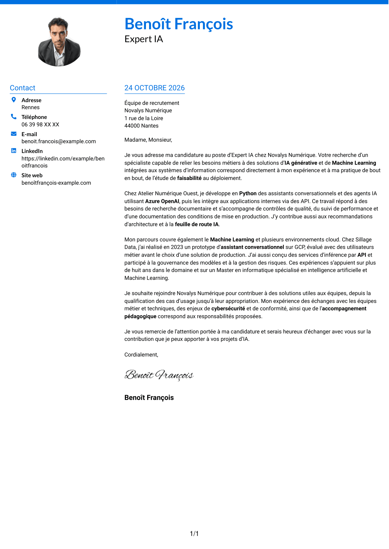Lettre de motivation Audacieux (format à deux colonnes avec accents colorés et photo) : Expert IA - IA générative et Machine Learning, page 1