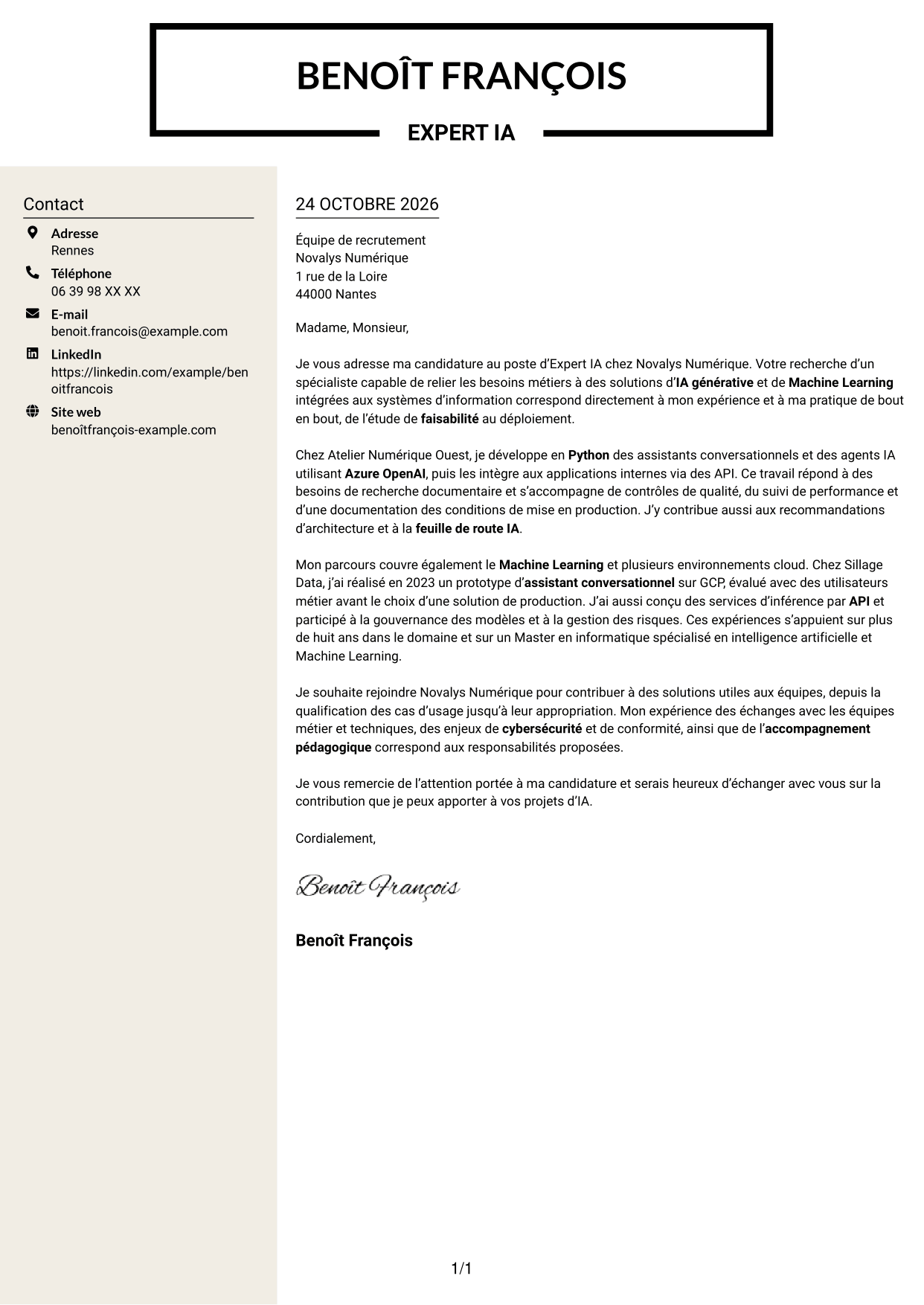Lettre de motivation Fonceur (format à deux colonnes avec en-tête centré sans photo) : Expert IA - IA générative et Machine Learning, page 1
