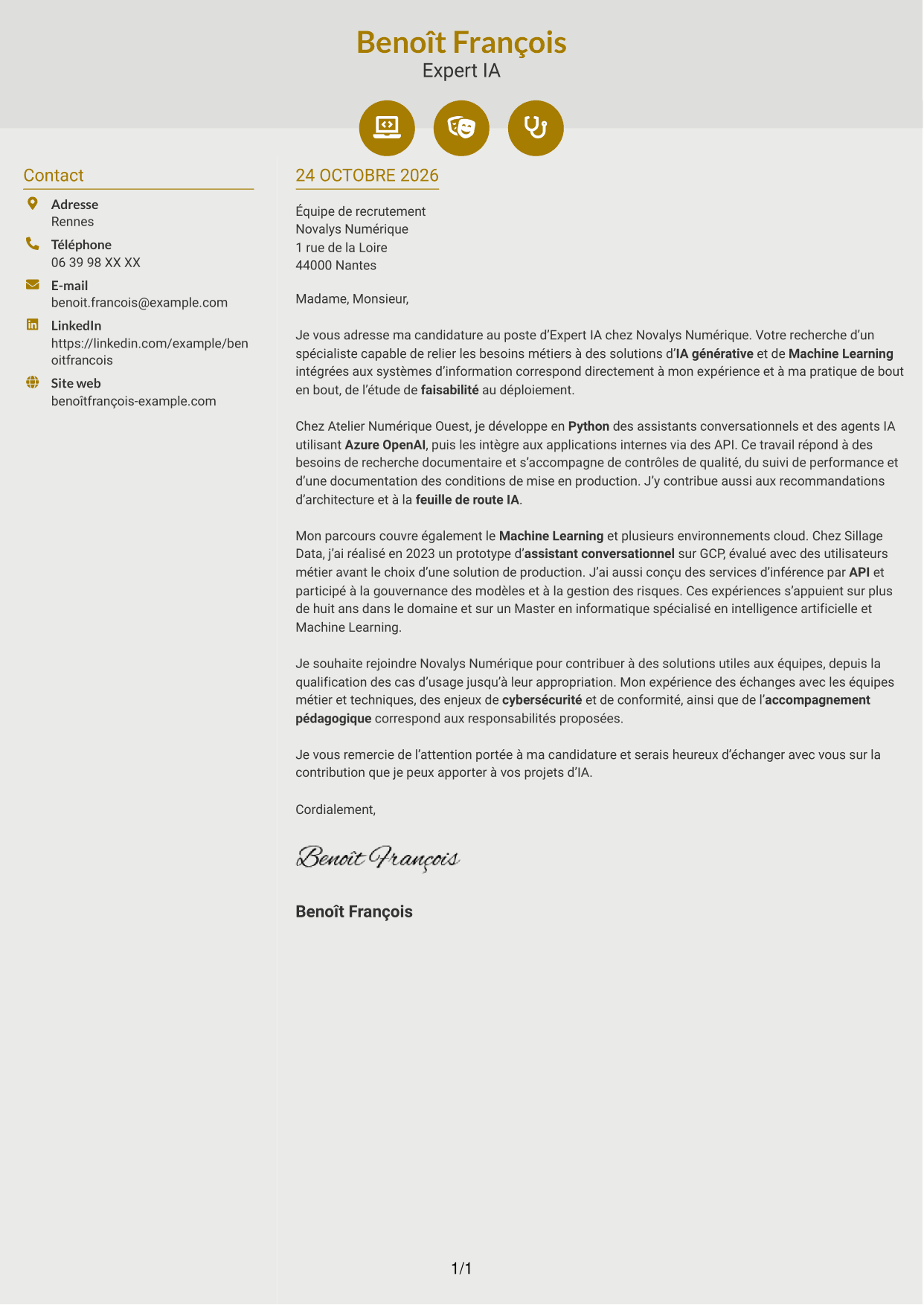 Lettre de motivation Dynamique (format à deux colonnes avec icônes) : Expert IA - IA générative et Machine Learning, page 1