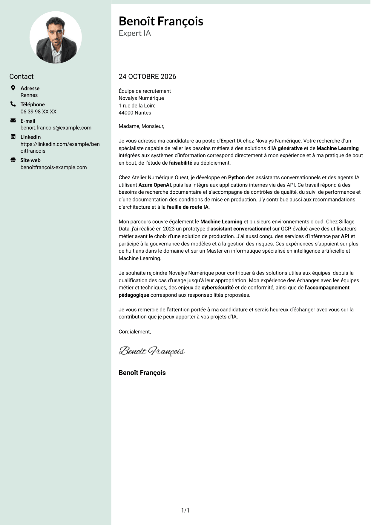 Lettre de motivation Cadre (format à colonne latérale douce avec photo arrondie) : Expert IA - IA générative et Machine Learning, page 1