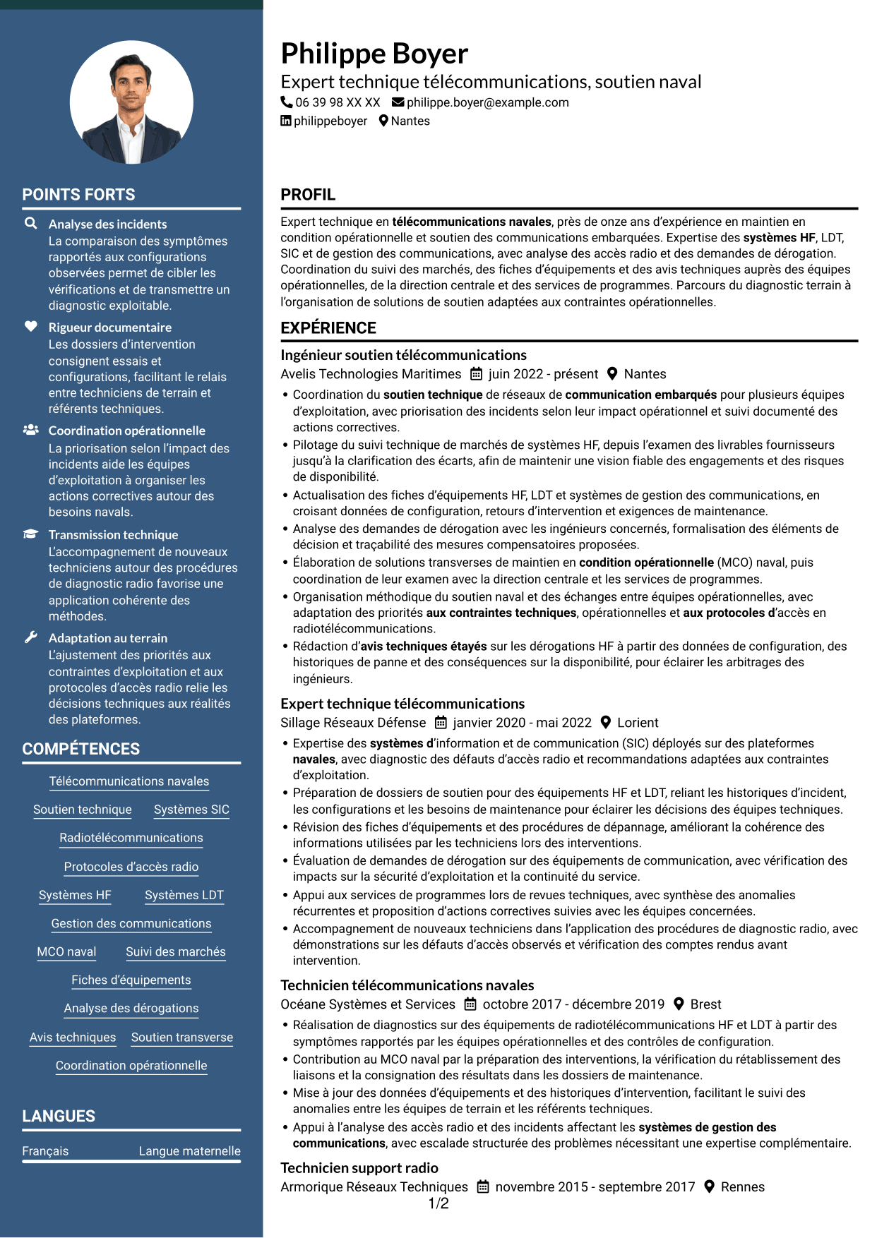 CV Élégant (format à colonne latérale colorée avec photo) : Expert technique télécommunications - Soutien naval, page 1