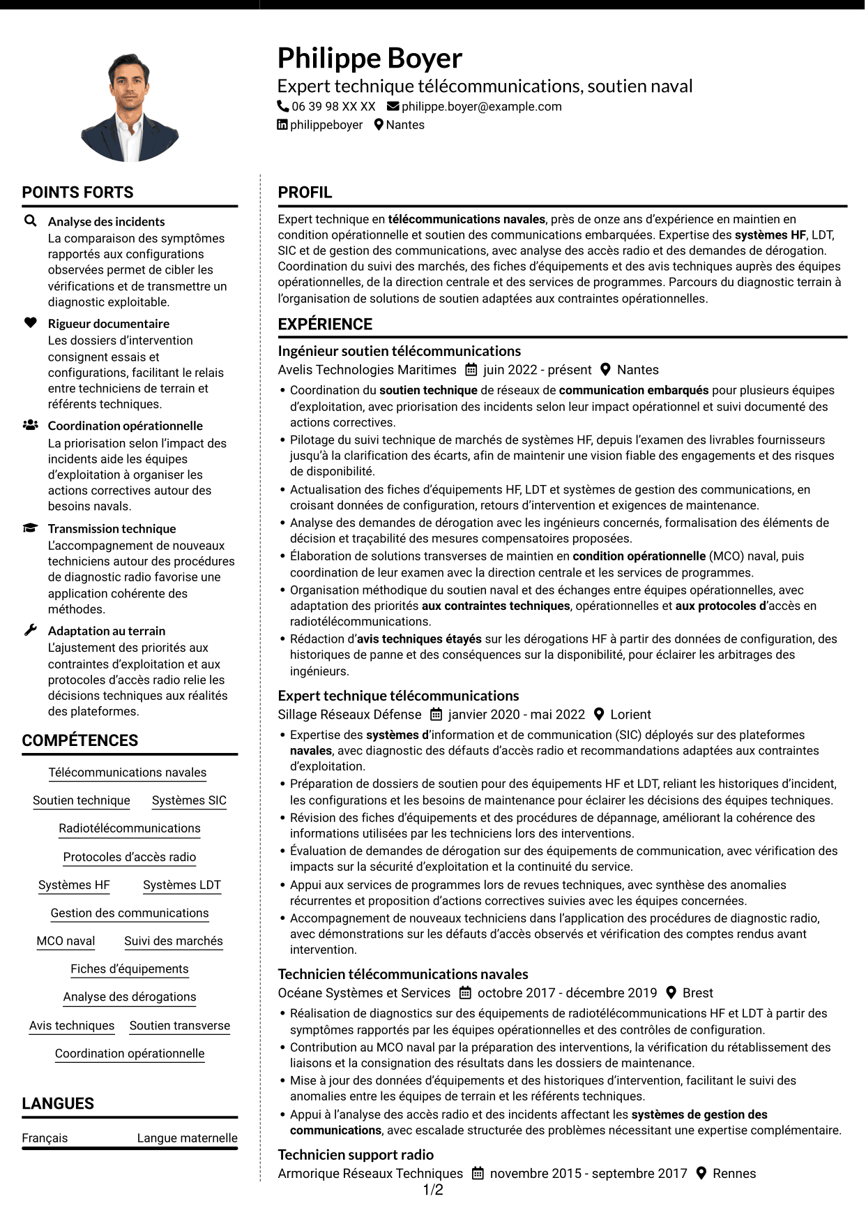 CV Moderne (format à deux colonnes avec photo à gauche et séparateur) : Expert technique télécommunications - Soutien naval, page 1
