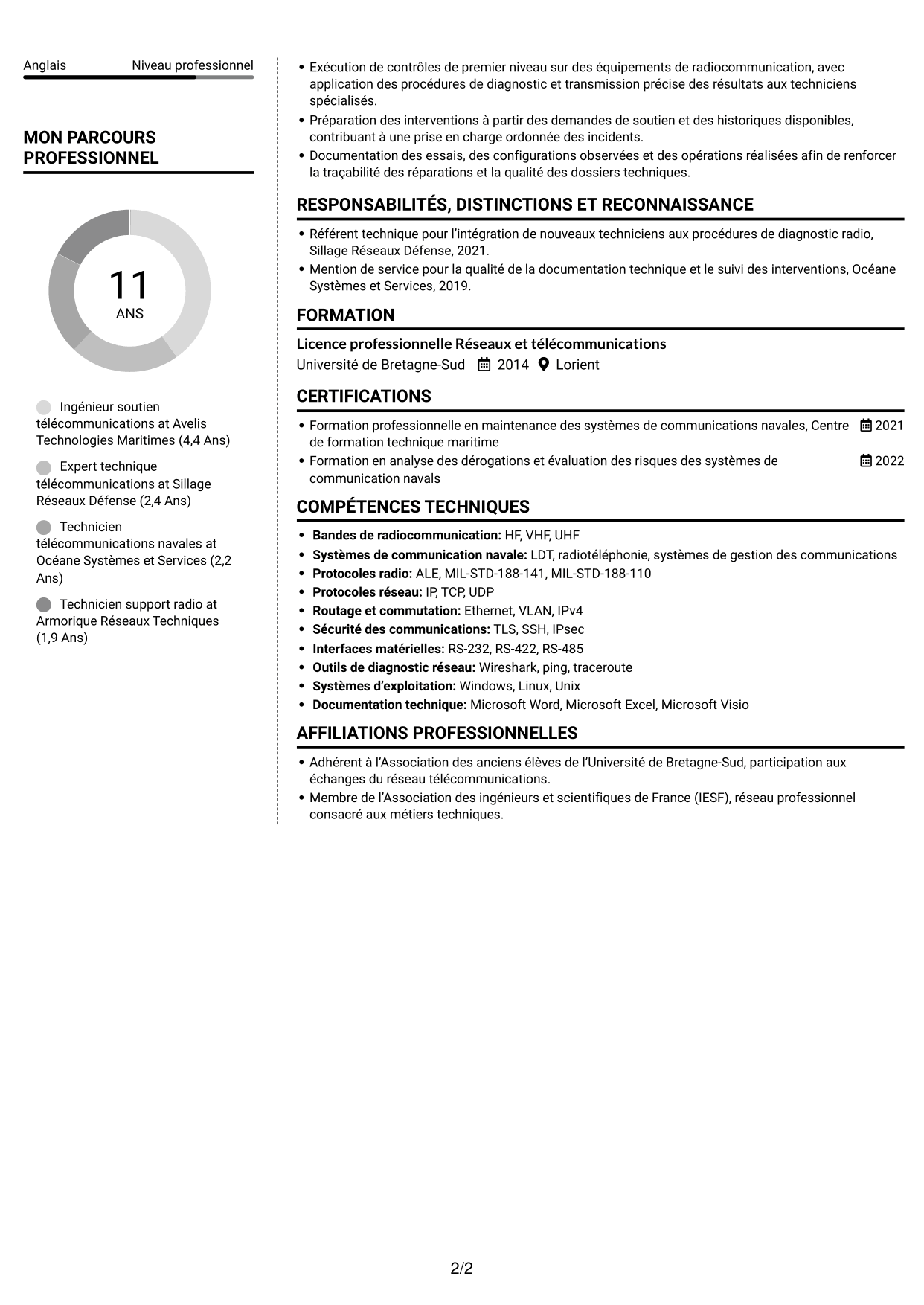 CV Moderne (format à deux colonnes avec photo à gauche et séparateur) : Expert technique télécommunications - Soutien naval, page 2