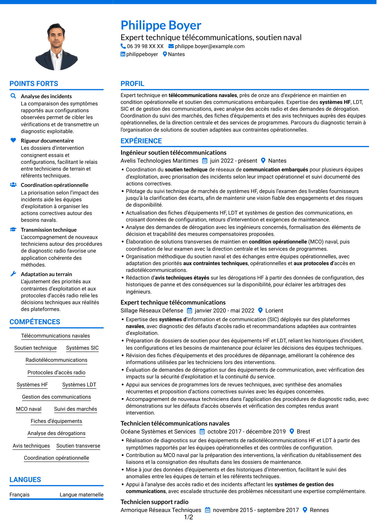 CV Audacieux (format à deux colonnes avec accents colorés et photo) : Expert technique télécommunications - Soutien naval, page 1