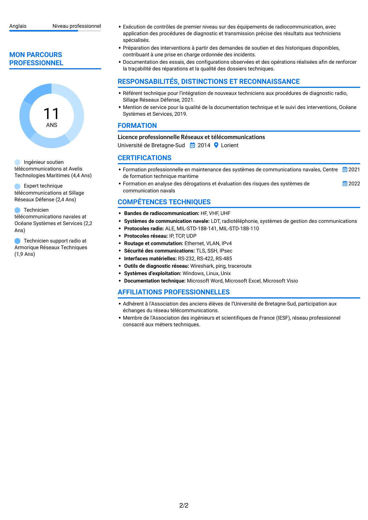 CV Audacieux (format à deux colonnes avec accents colorés et photo) : Expert technique télécommunications - Soutien naval, page 2