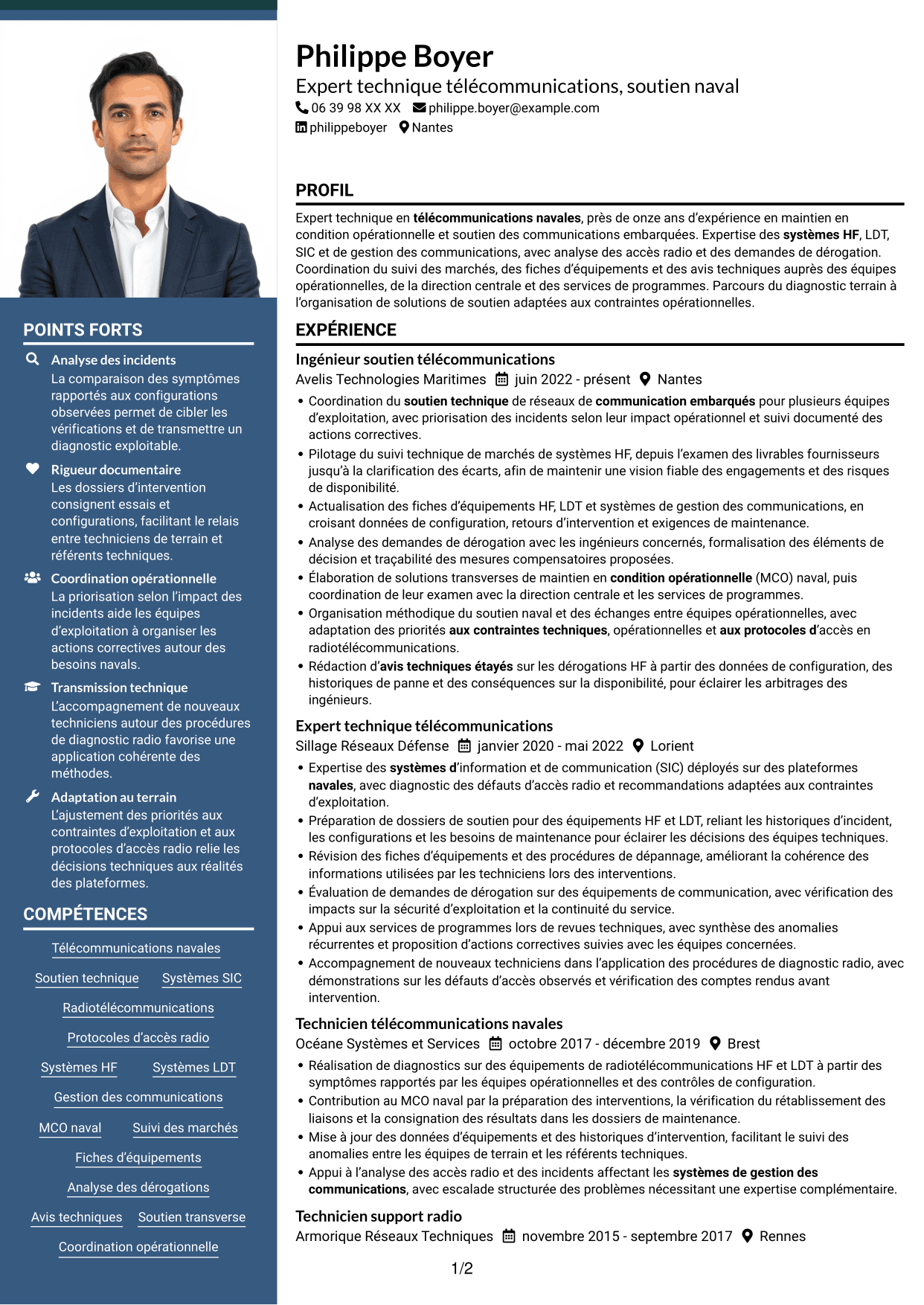 CV Signature (format à colonne latérale colorée avec grande photo) : Expert technique télécommunications - Soutien naval, page 1
