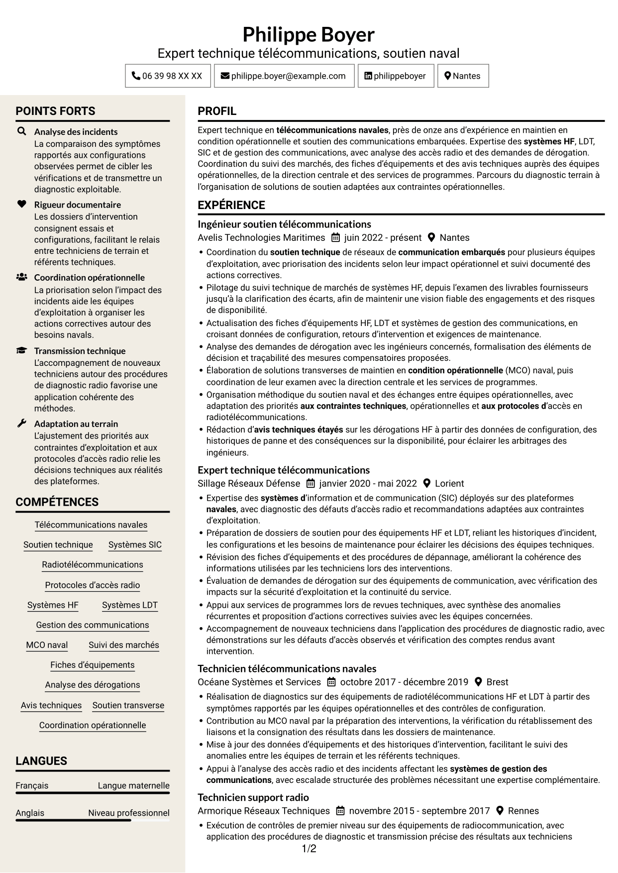 CV Fonceur (format à deux colonnes avec en-tête centré sans photo) : Expert technique télécommunications - Soutien naval, page 1