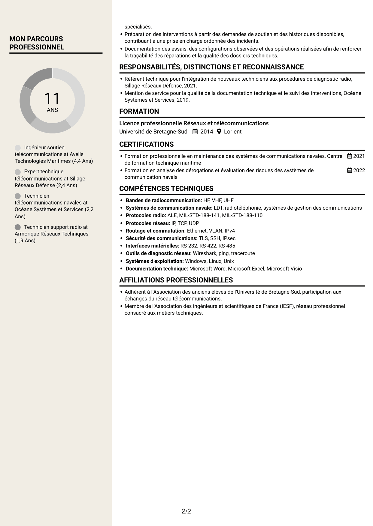 CV Fonceur (format à deux colonnes avec en-tête centré sans photo) : Expert technique télécommunications - Soutien naval, page 2
