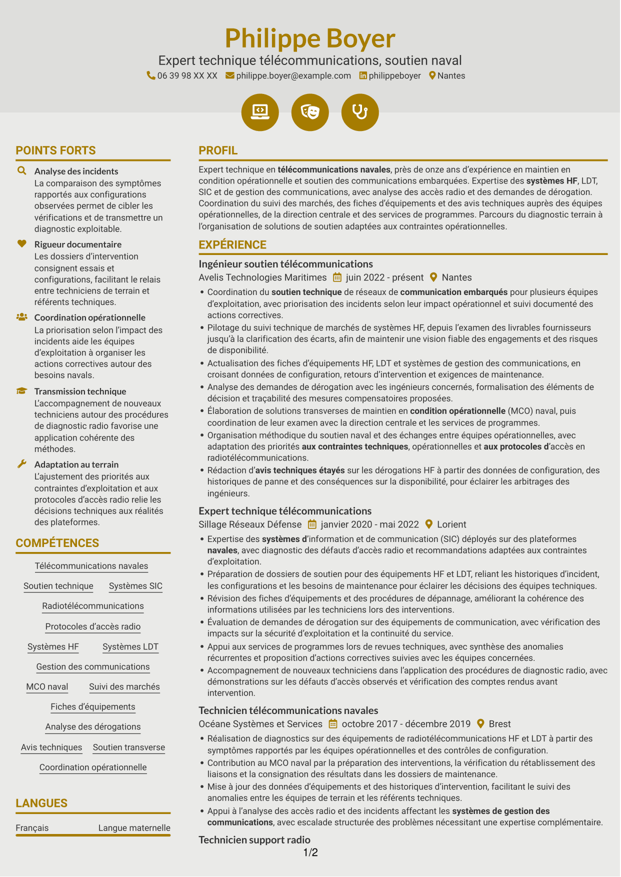 CV Dynamique (format à deux colonnes avec icônes) : Expert technique télécommunications - Soutien naval, page 1