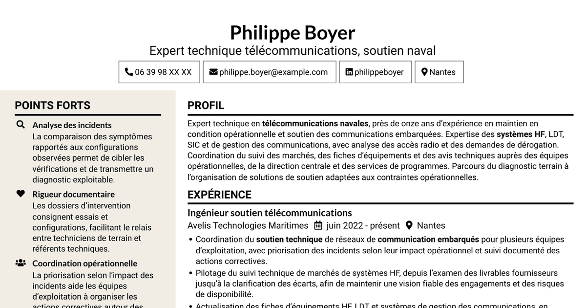 7 modèles de CV pour Expert technique télécommunications - Soutien naval, avec exemples
