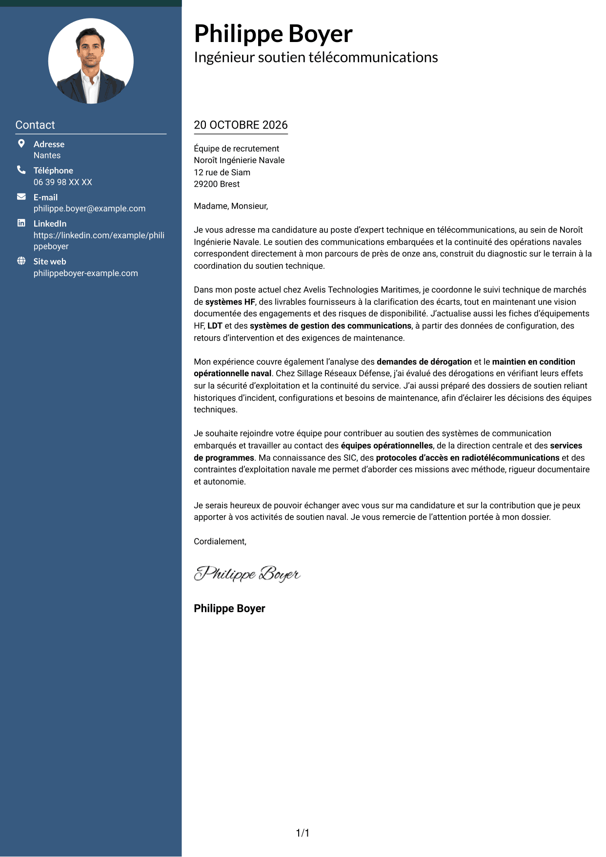 Lettre de motivation Élégant (format à colonne latérale colorée avec photo) : Expert technique télécommunications - Soutien naval, page 1