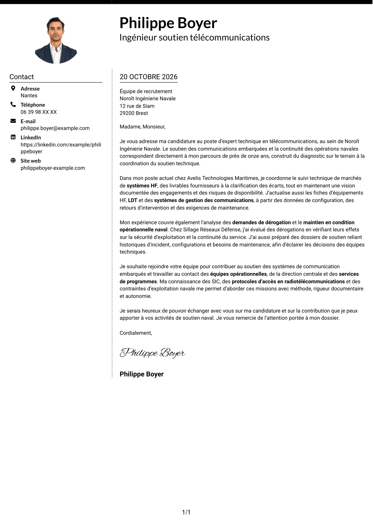 Lettre de motivation Moderne (format à deux colonnes avec photo à gauche et séparateur) : Expert technique télécommunications - Soutien naval, page 1