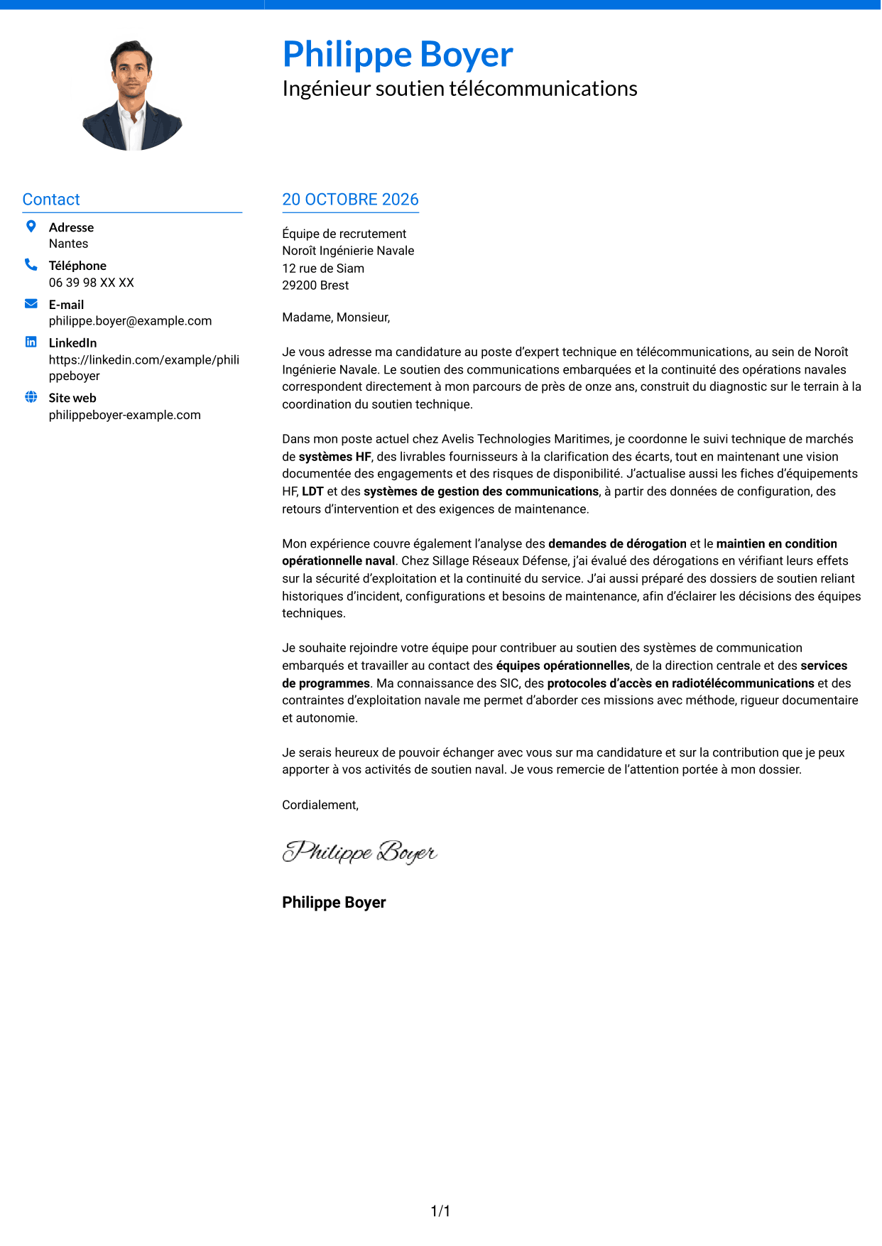 Lettre de motivation Audacieux (format à deux colonnes avec accents colorés et photo) : Expert technique télécommunications - Soutien naval, page 1
