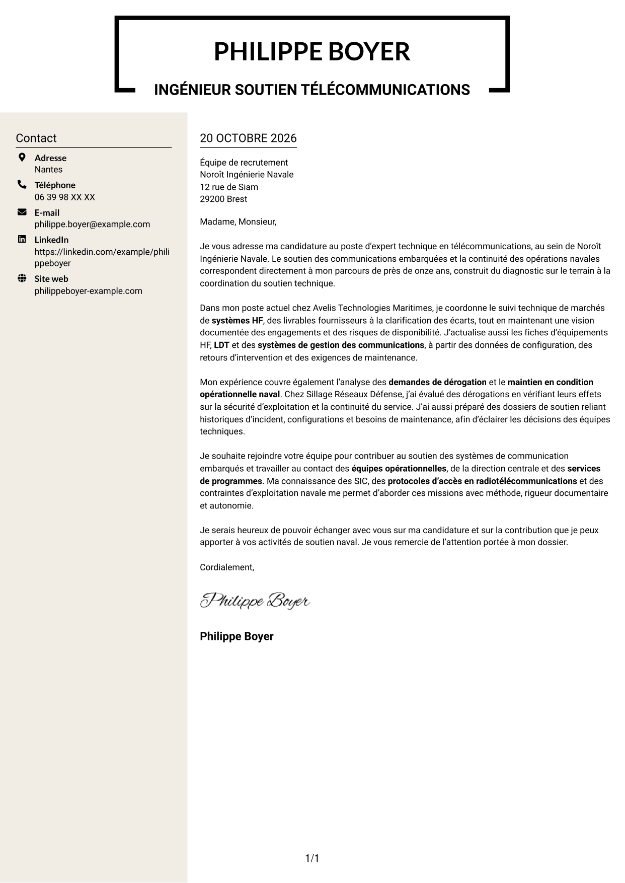 Lettre de motivation Fonceur (format à deux colonnes avec en-tête centré sans photo) : Expert technique télécommunications - Soutien naval, page 1