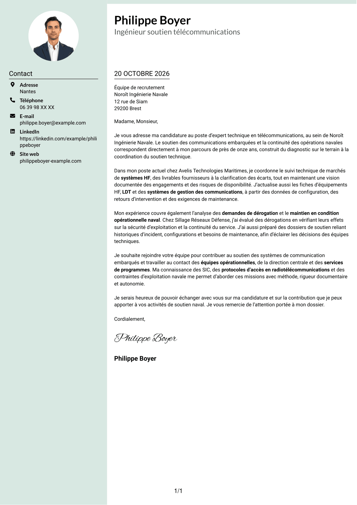 Lettre de motivation Cadre (format à colonne latérale douce avec photo arrondie) : Expert technique télécommunications - Soutien naval, page 1