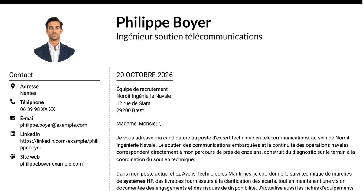 7 modèles de lettre de motivation pour Expert technique télécommunications - Soutien naval, avec exemples