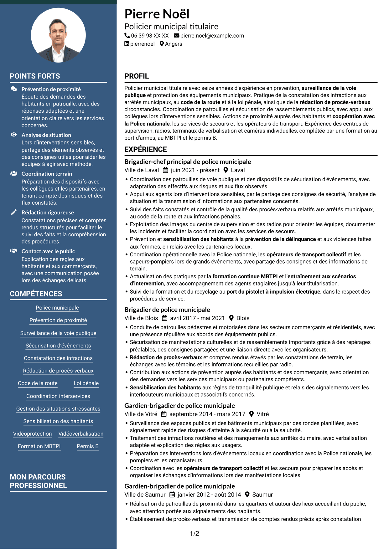 CV Élégant (format à colonne latérale colorée avec photo) : Gardien de police municipale - Prévention et sécurité publiques, page 1