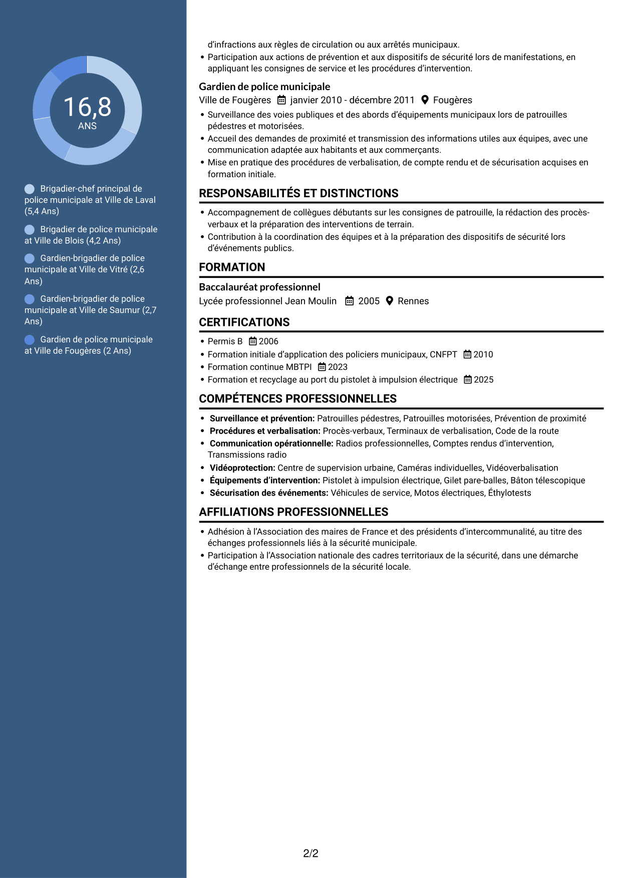 CV Élégant (format à colonne latérale colorée avec photo) : Gardien de police municipale - Prévention et sécurité publiques, page 2