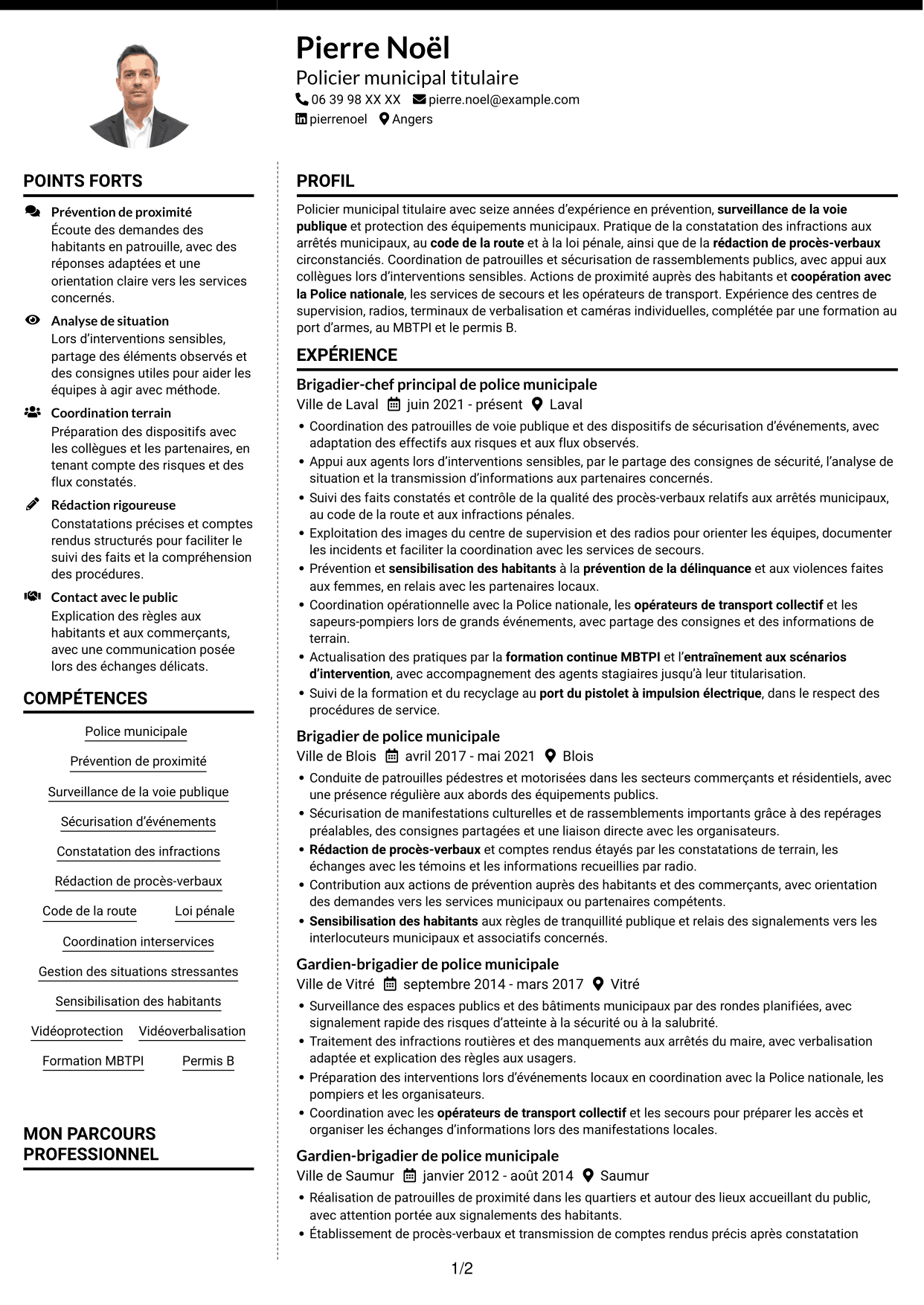 CV Moderne (format à deux colonnes avec photo à gauche et séparateur) : Gardien de police municipale - Prévention et sécurité publiques, page 1