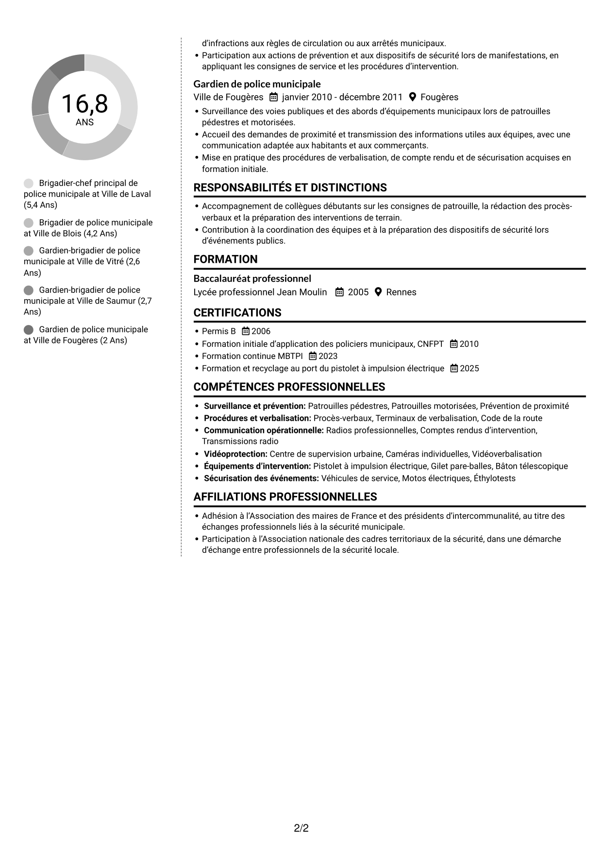 CV Moderne (format à deux colonnes avec photo à gauche et séparateur) : Gardien de police municipale - Prévention et sécurité publiques, page 2