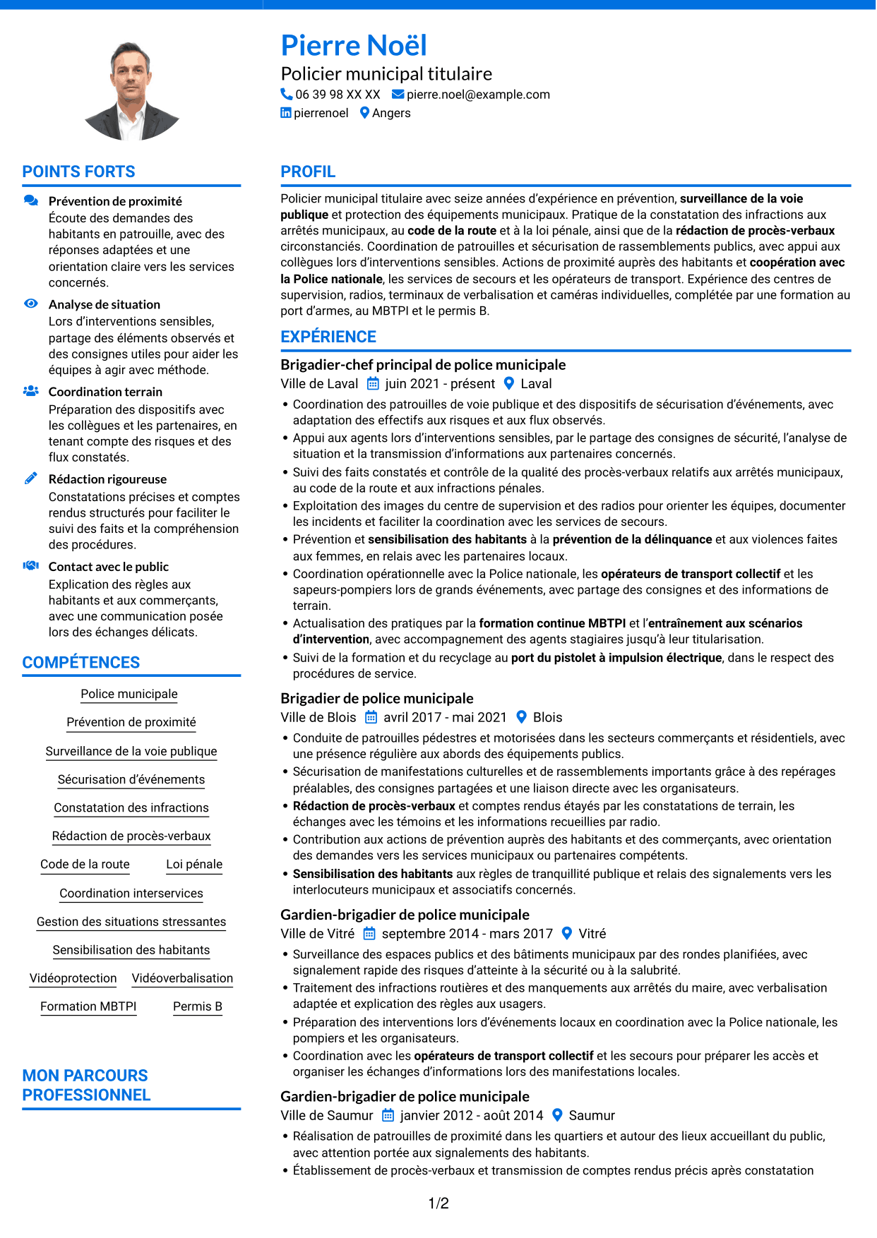 CV Audacieux (format à deux colonnes avec accents colorés et photo) : Gardien de police municipale - Prévention et sécurité publiques, page 1