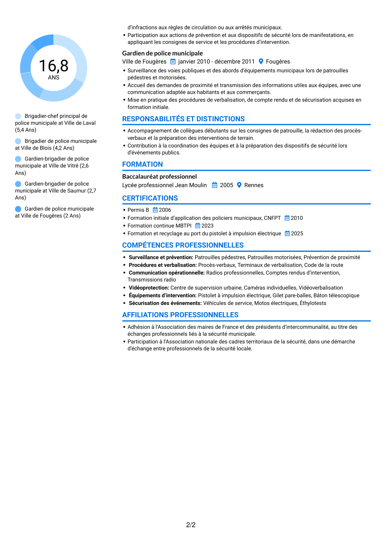 CV Audacieux (format à deux colonnes avec accents colorés et photo) : Gardien de police municipale - Prévention et sécurité publiques, page 2