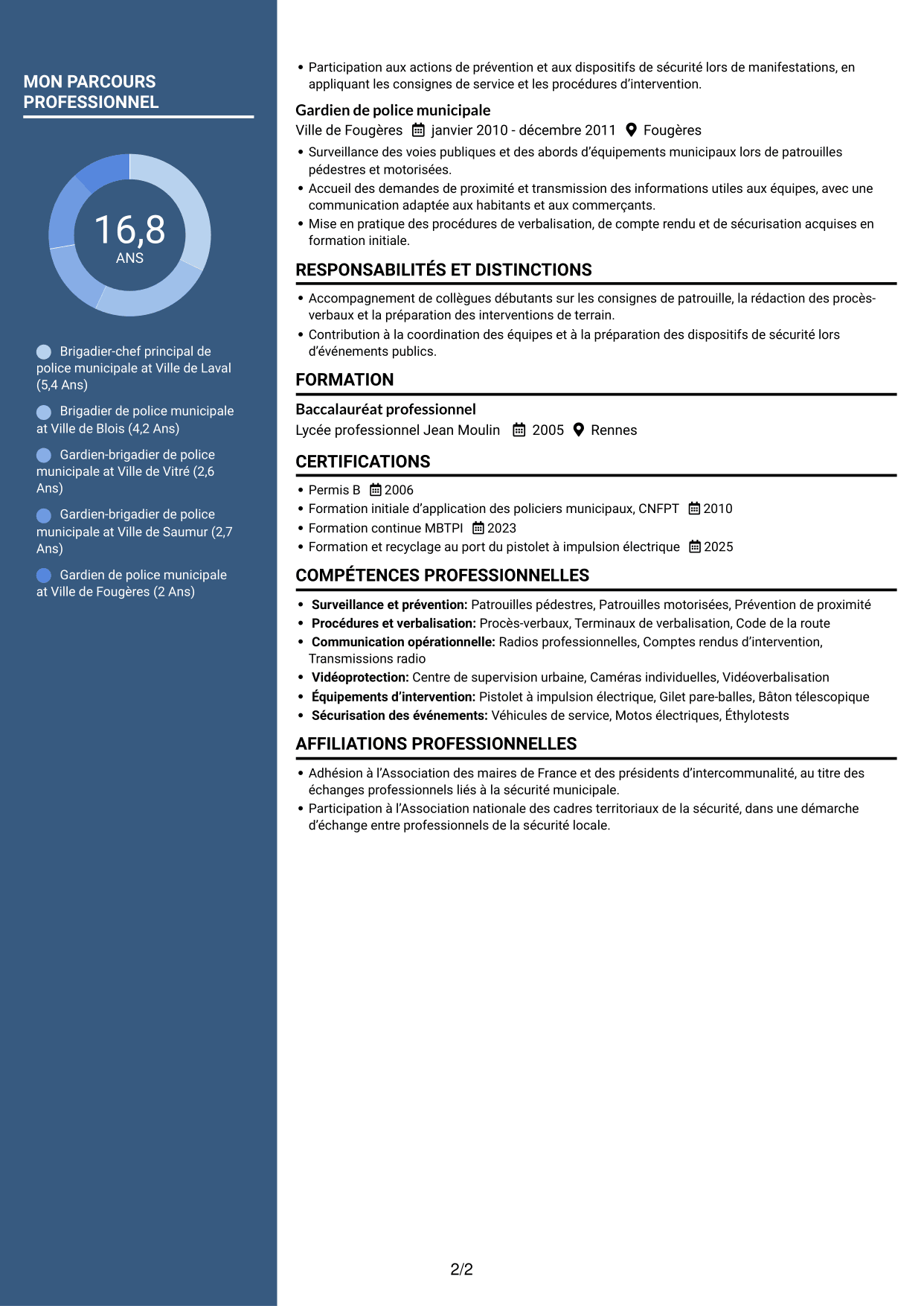 CV Signature (format à colonne latérale colorée avec grande photo) : Gardien de police municipale - Prévention et sécurité publiques, page 2