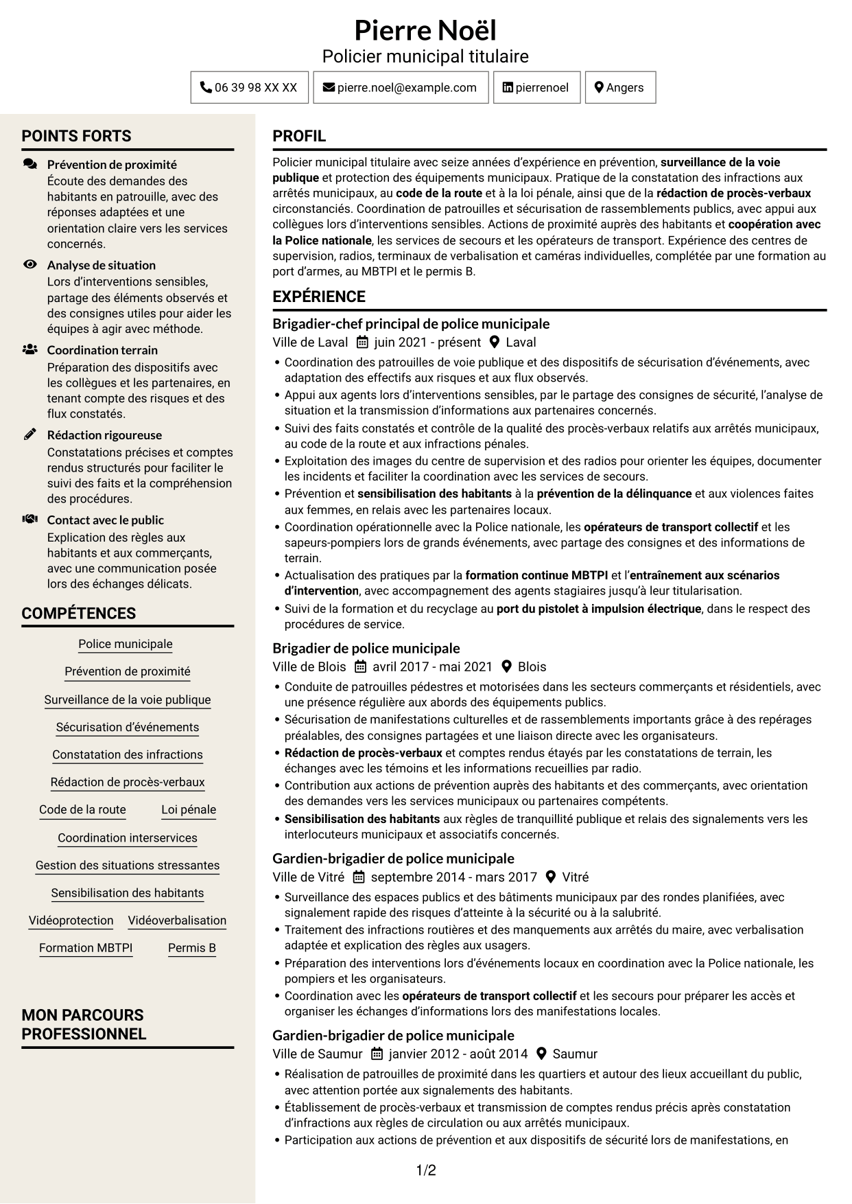 CV Fonceur (format à deux colonnes avec en-tête centré sans photo) : Gardien de police municipale - Prévention et sécurité publiques, page 1