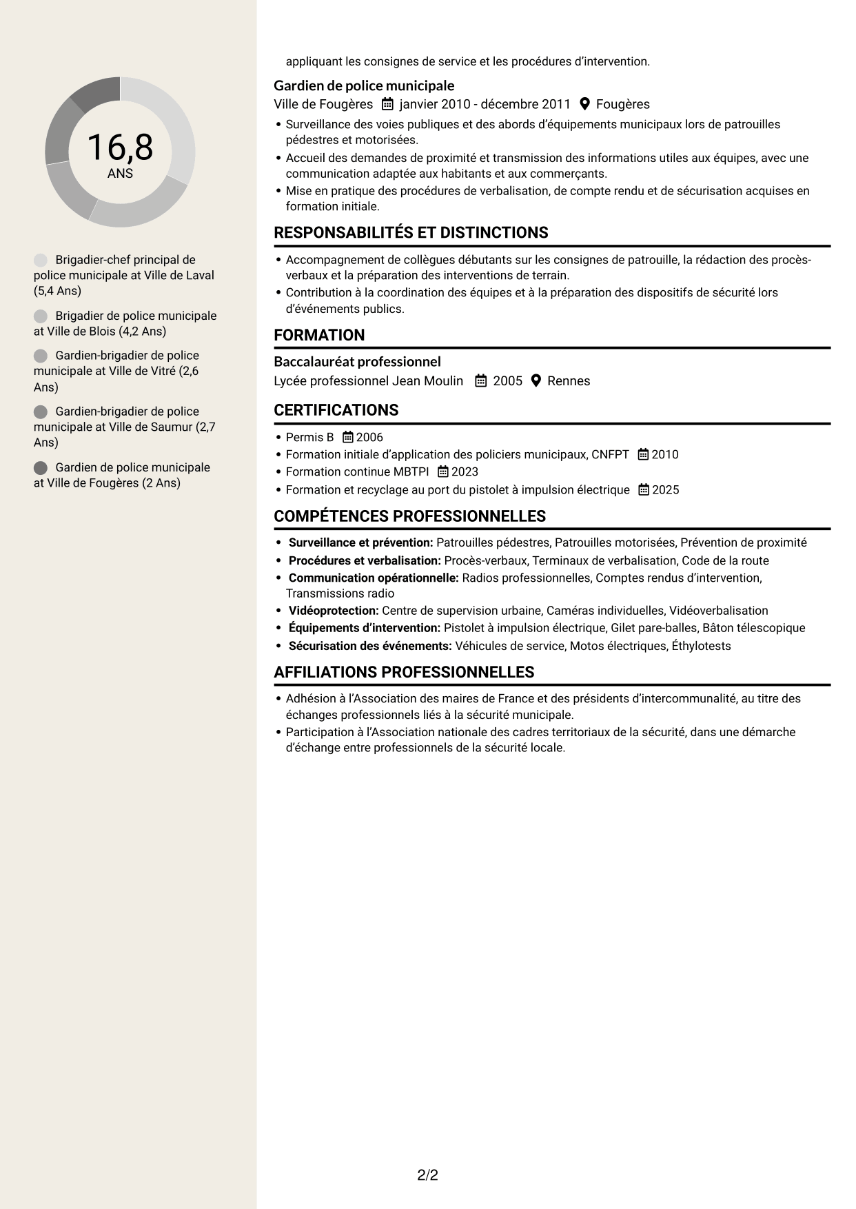 CV Fonceur (format à deux colonnes avec en-tête centré sans photo) : Gardien de police municipale - Prévention et sécurité publiques, page 2