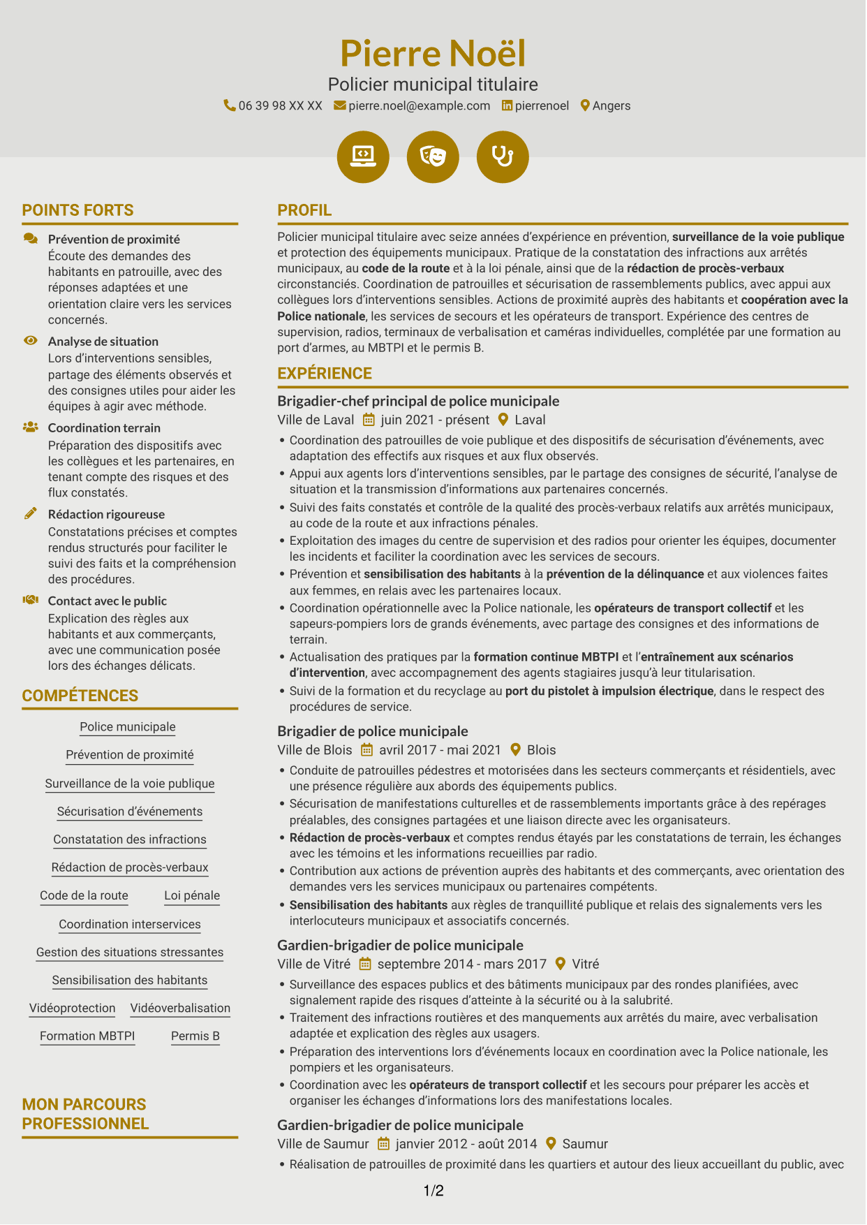 CV Dynamique (format à deux colonnes avec icônes) : Gardien de police municipale - Prévention et sécurité publiques, page 1
