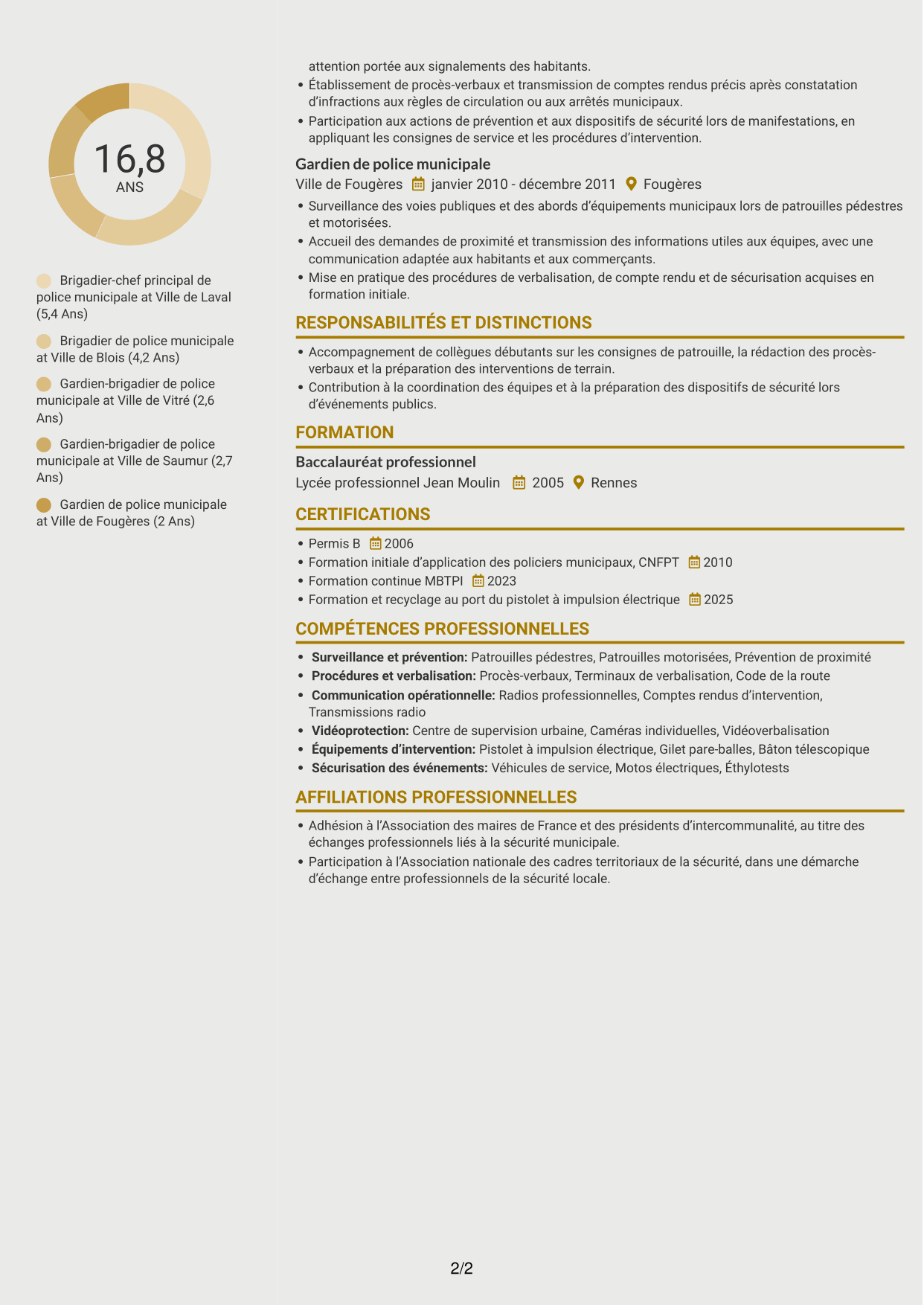 CV Dynamique (format à deux colonnes avec icônes) : Gardien de police municipale - Prévention et sécurité publiques, page 2