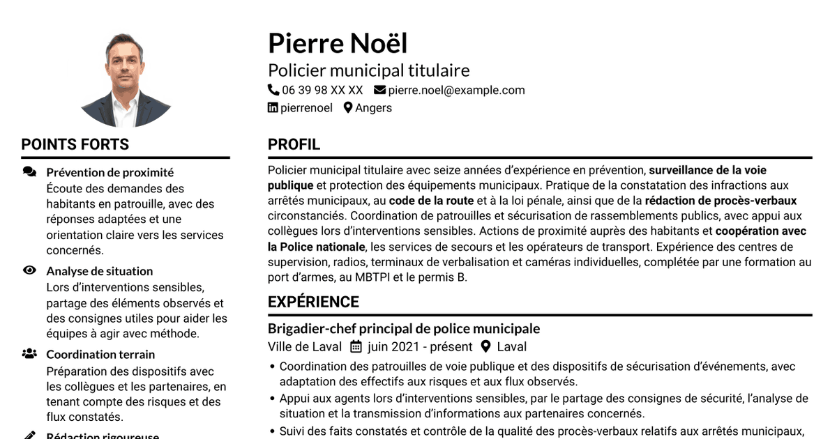 7 modèles de CV pour Gardien de police municipale - Prévention et sécurité publiques, avec exemples