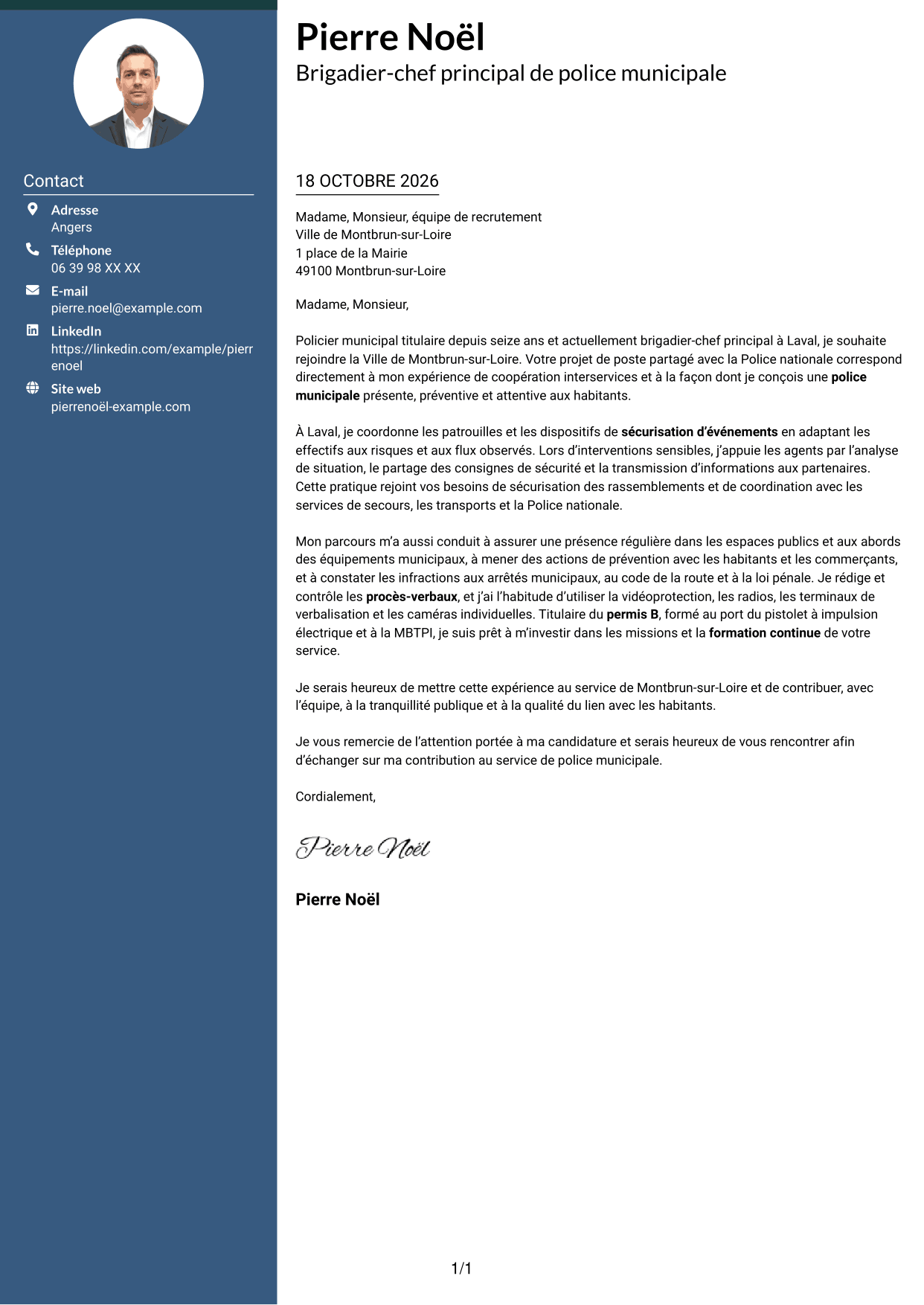 Lettre de motivation Élégant (format à colonne latérale colorée avec photo) : Gardien de police municipale - Prévention et sécurité publiques, page 1