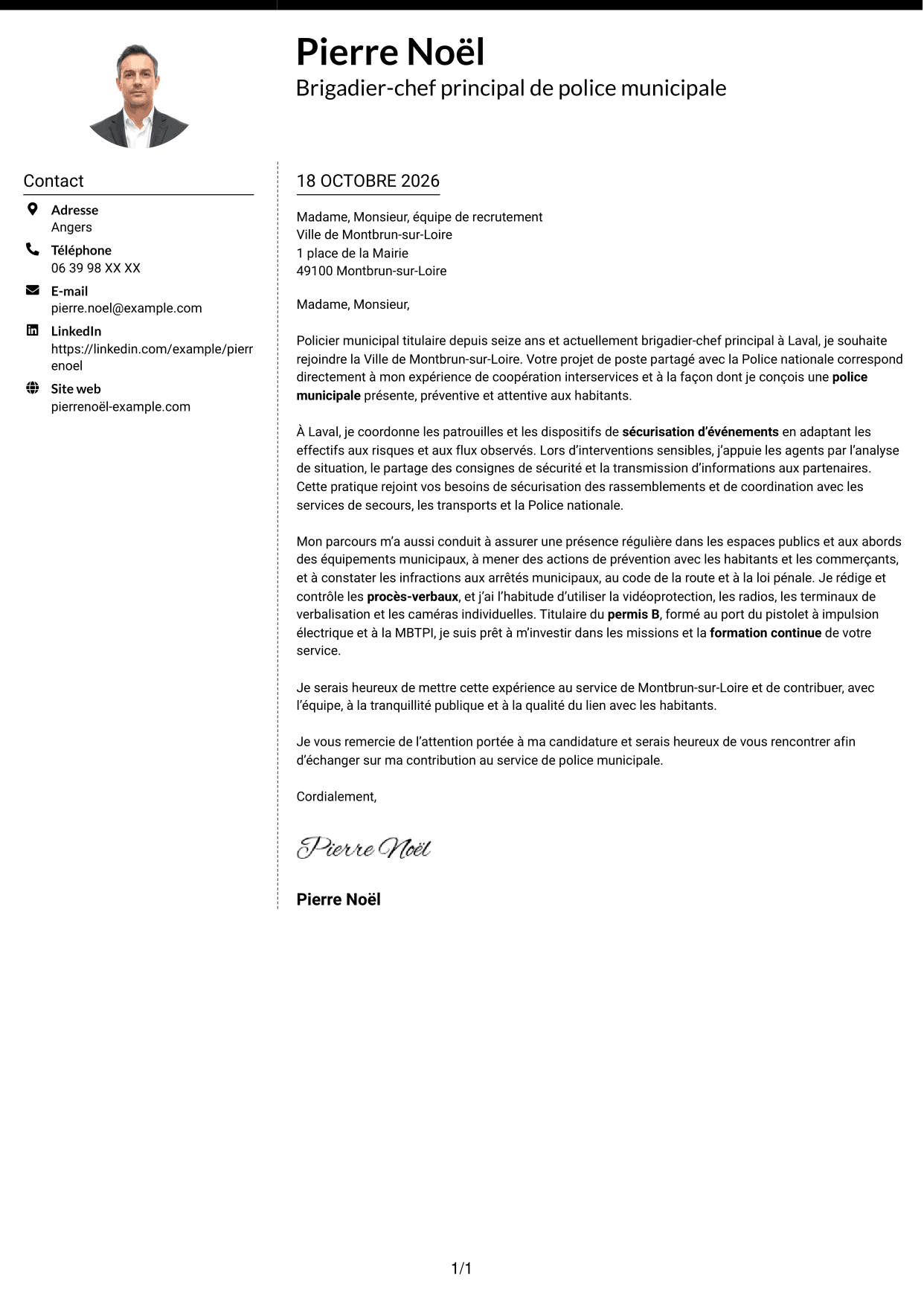 Lettre de motivation Moderne (format à deux colonnes avec photo à gauche et séparateur) : Gardien de police municipale - Prévention et sécurité publiques, page 1